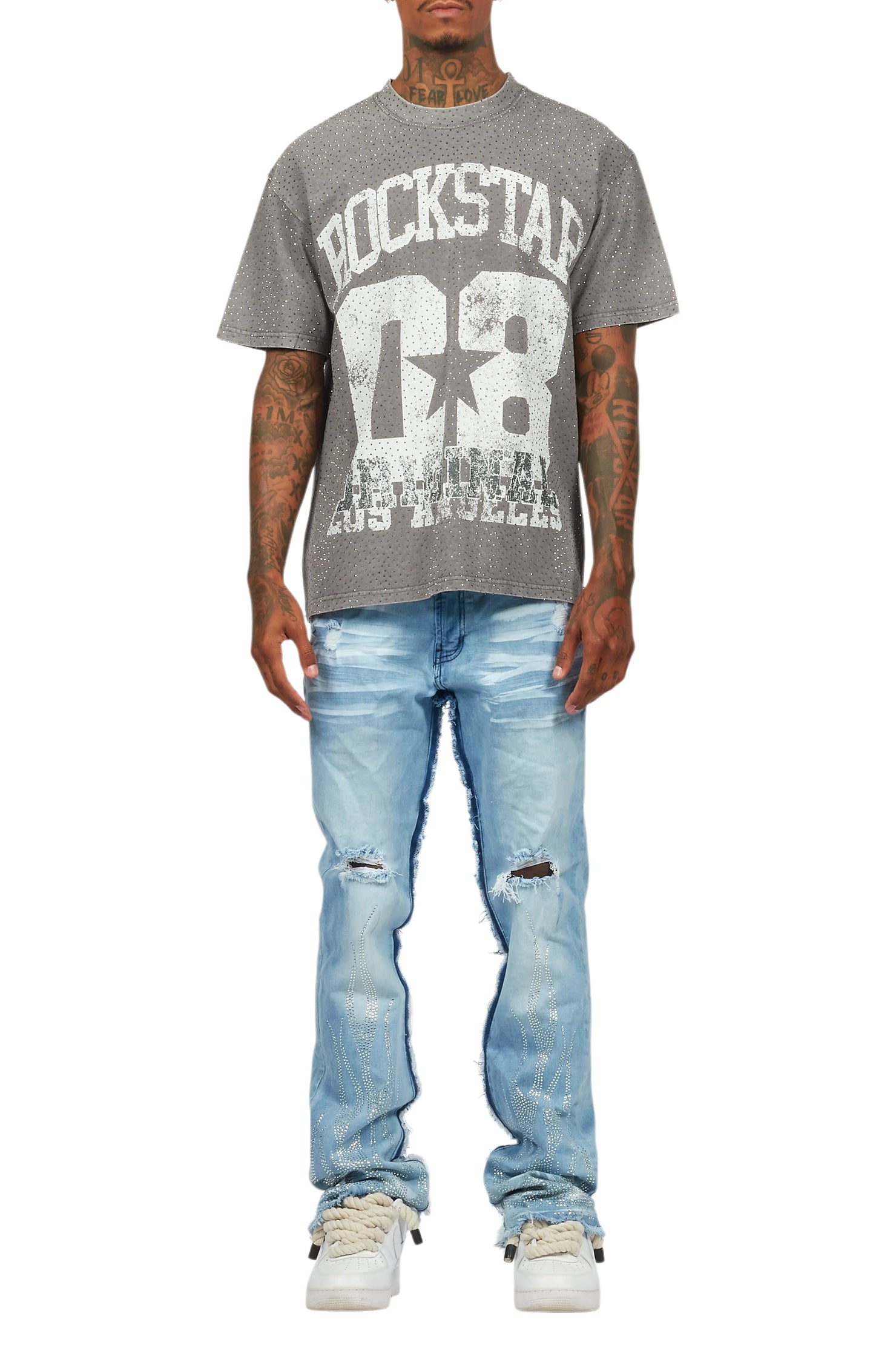 Flamur Grey Graphic Rhinestone T-Shirt