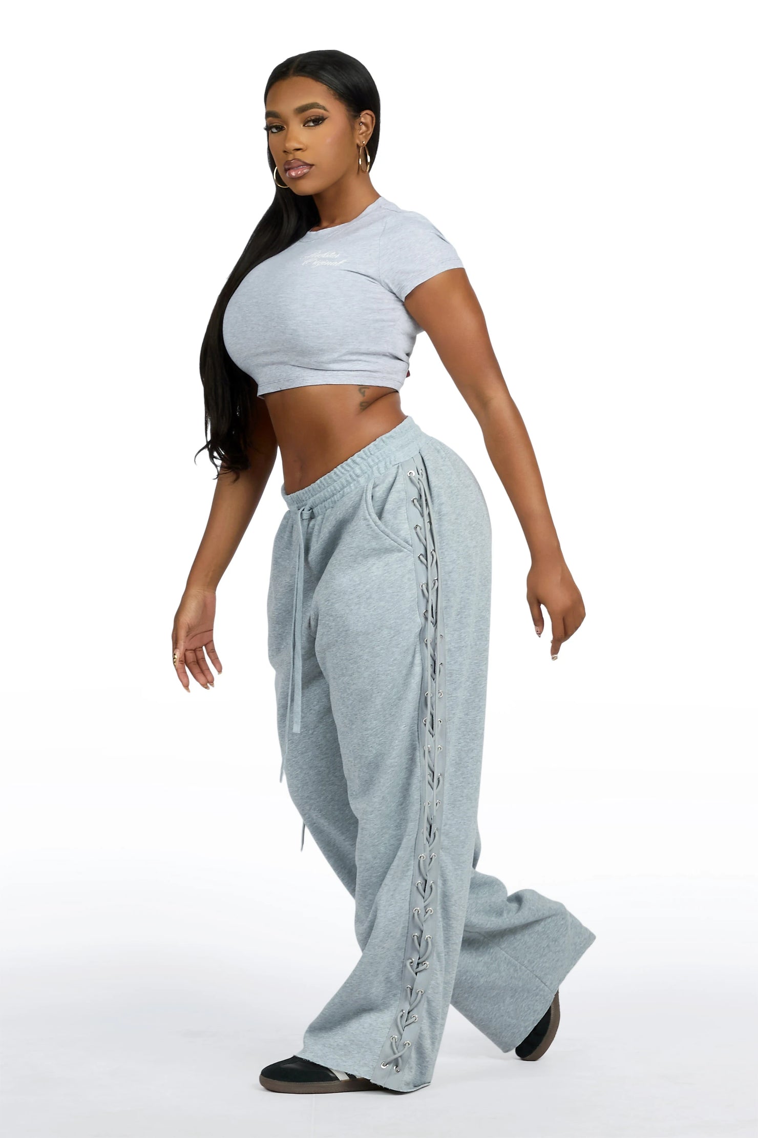 Desire Grey Lace Up  Crop T-Shirt Baggy Track Set