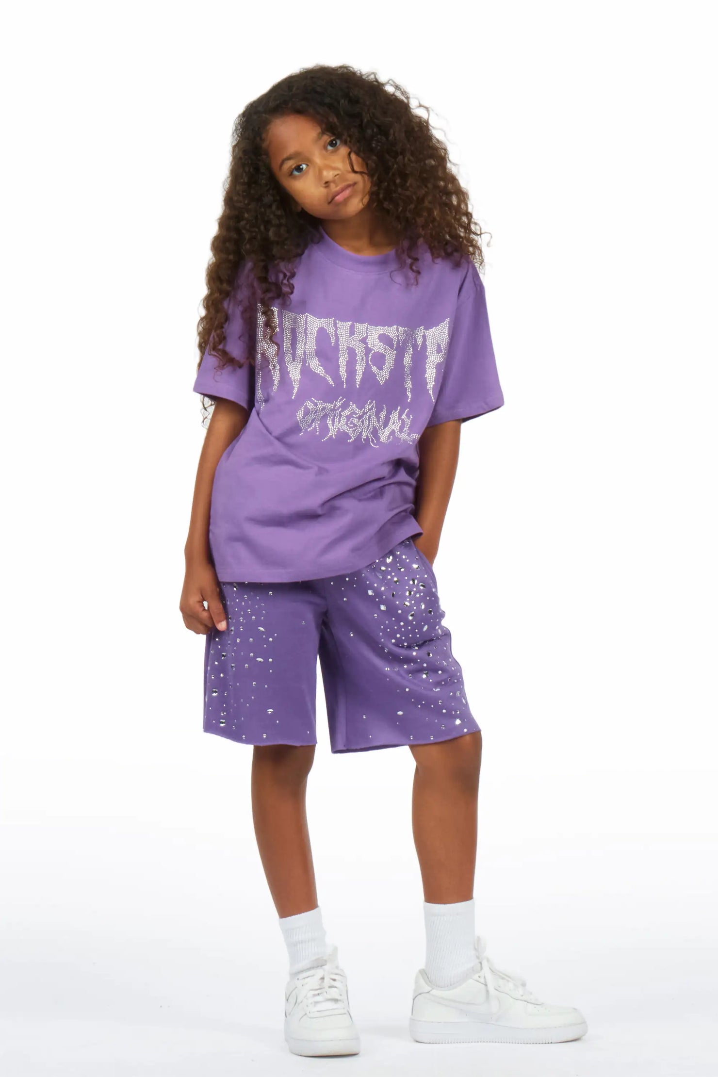 Girls Porsha Purple Rhinestone Short Set