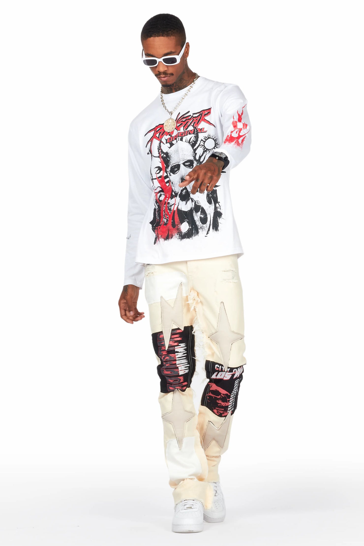 Rhys Beige Patchwork Stacked Flare Jean