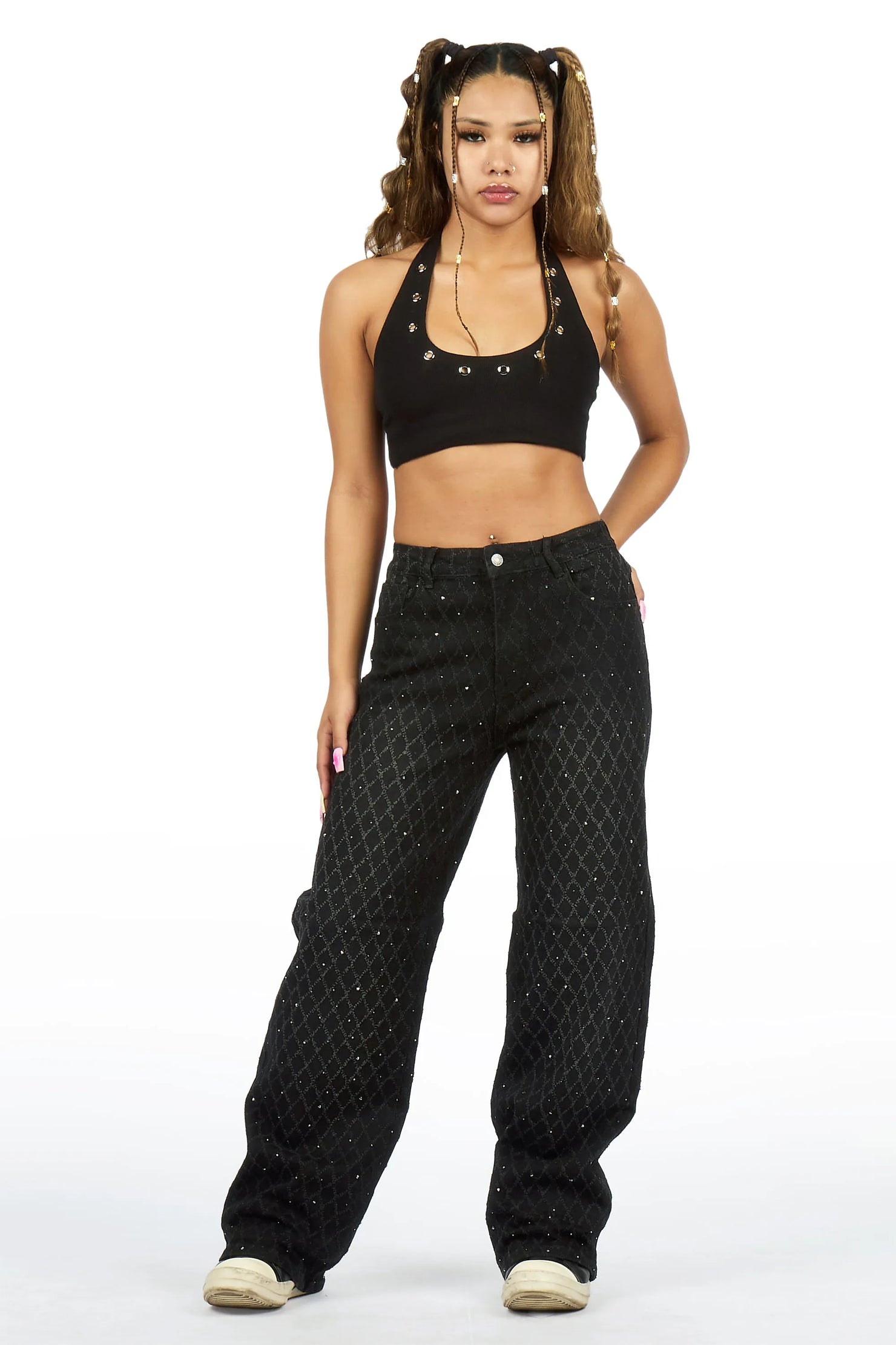 Amirah Black Rhinestone Wide Leg Jean