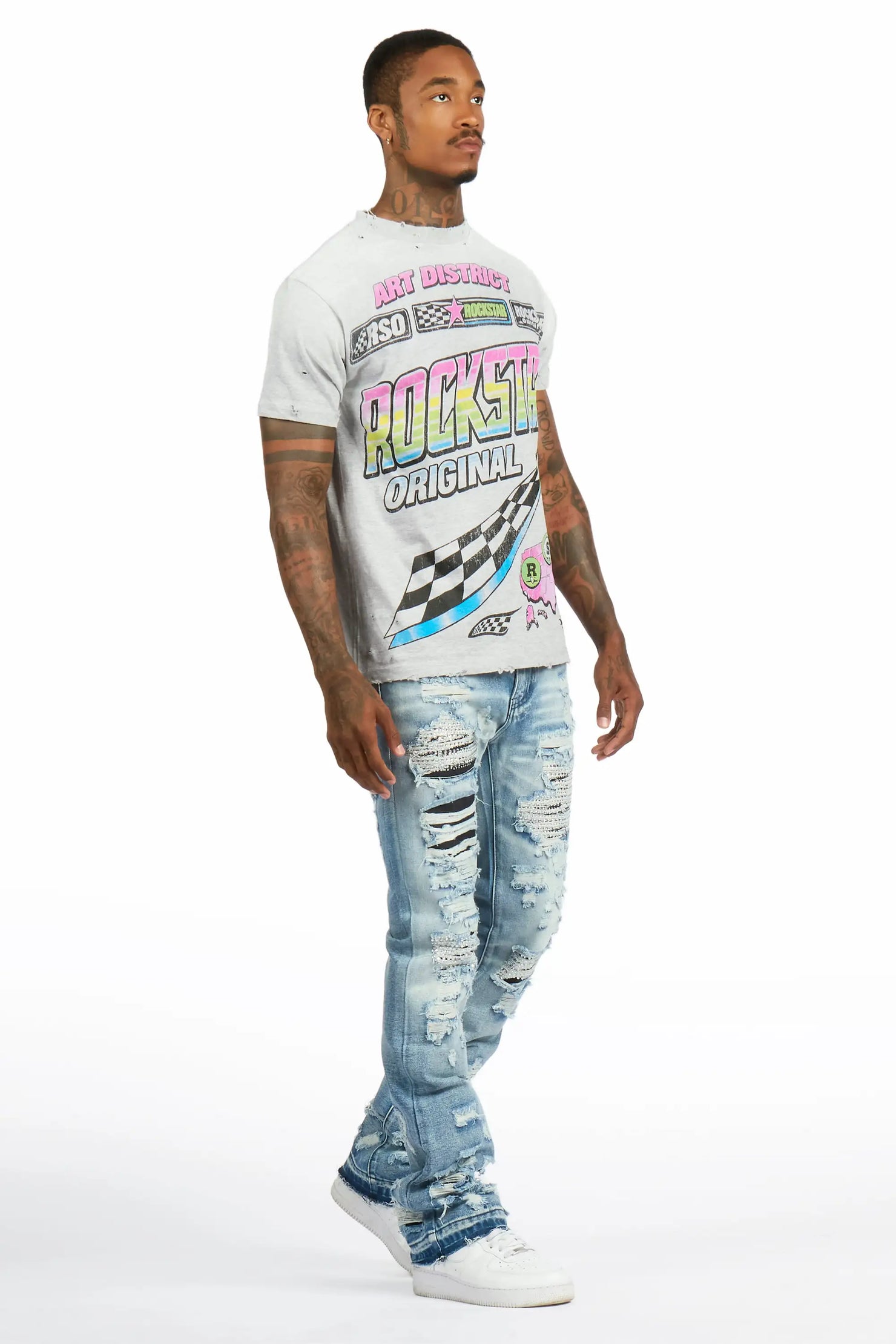Mathey Light Blue Rhinestone Stacked Fit Jean