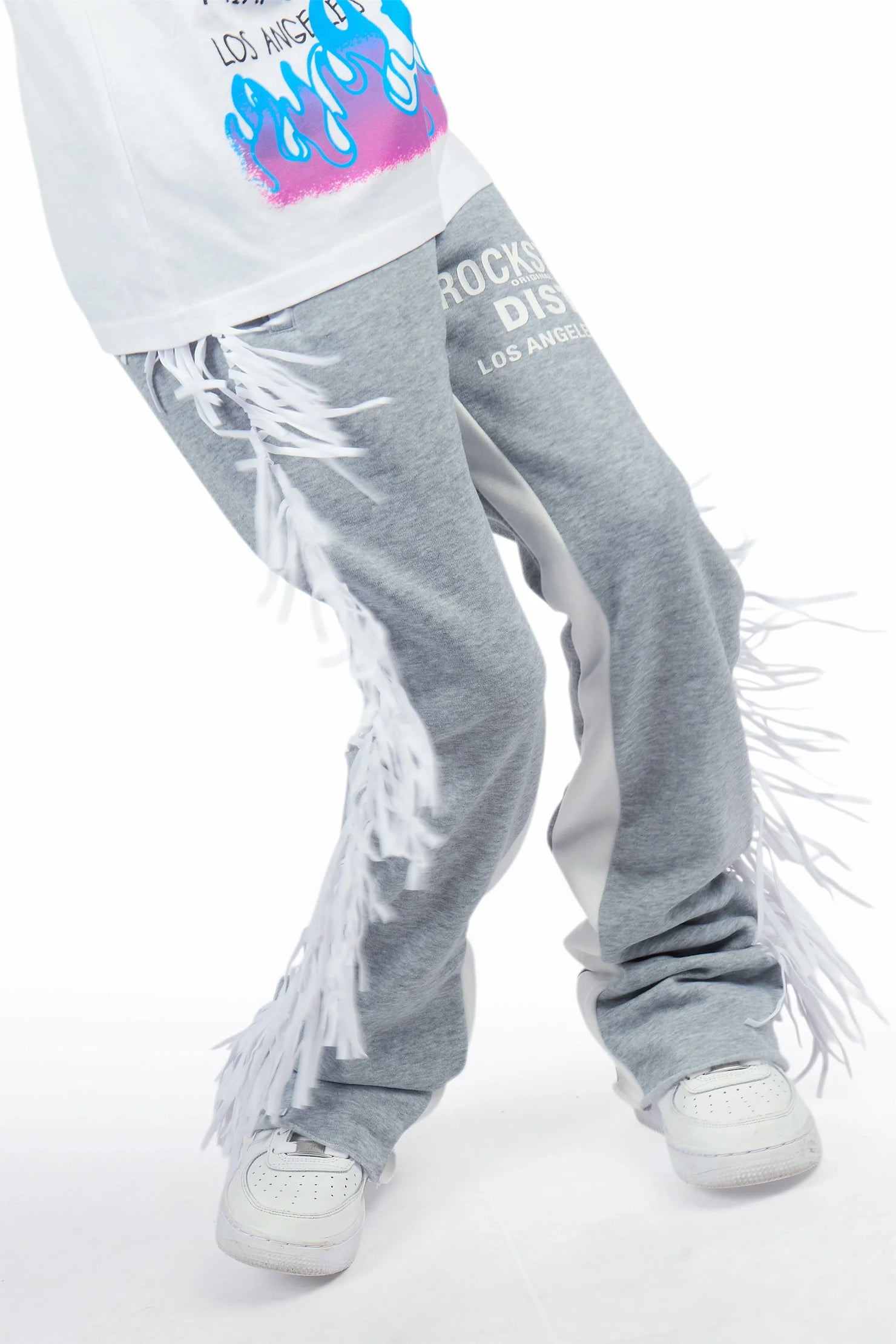 Girls Briken White/Grey T-Shirt/Fringe Stacked Pant Set