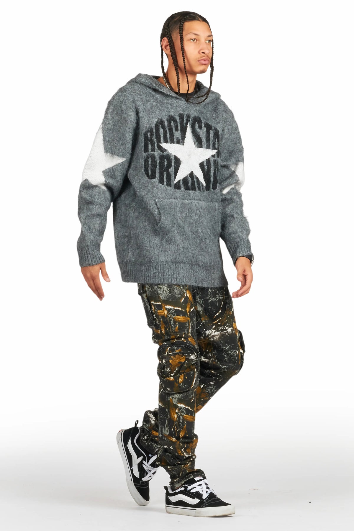 States Grey Graphic Knitted Hoodie