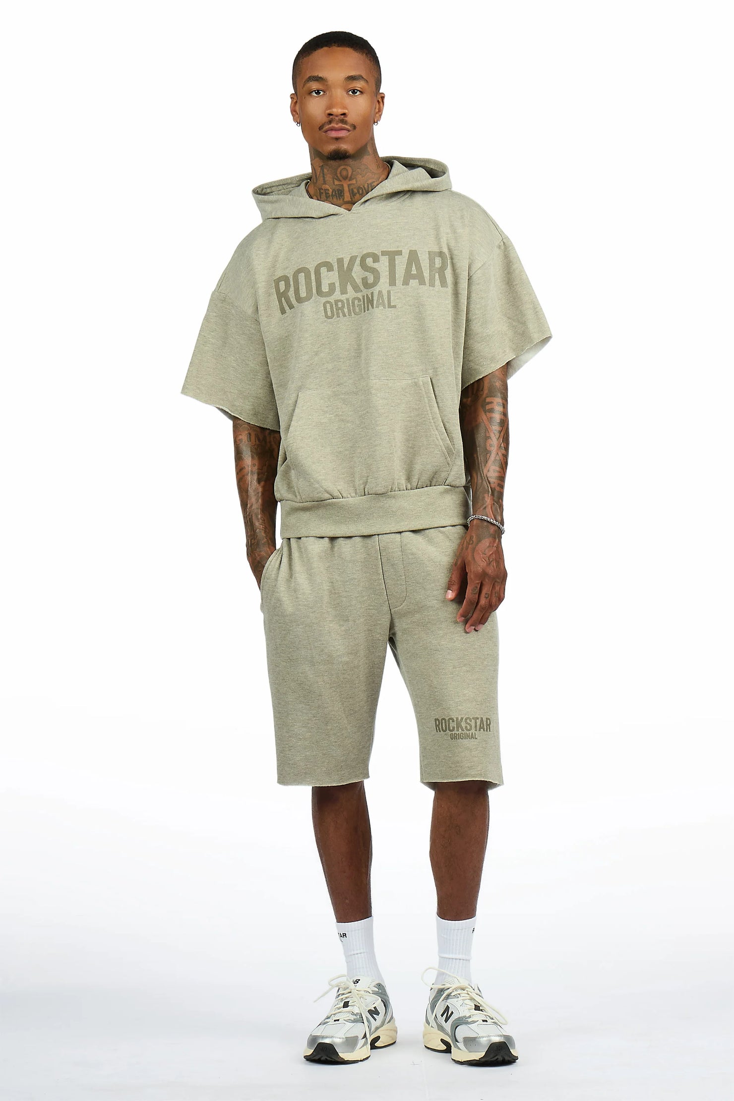 Sana Dark Oatmeal Cut Sleeve Hoodie Short Set