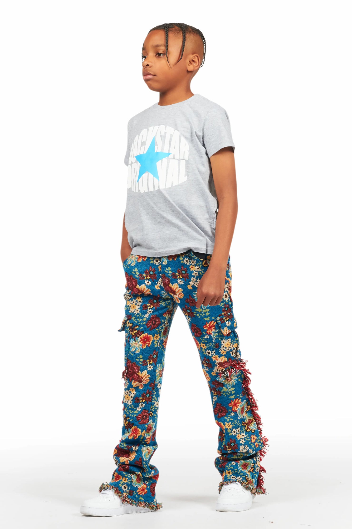 Boys Finn Blue Slim Tapestry Flare Pants