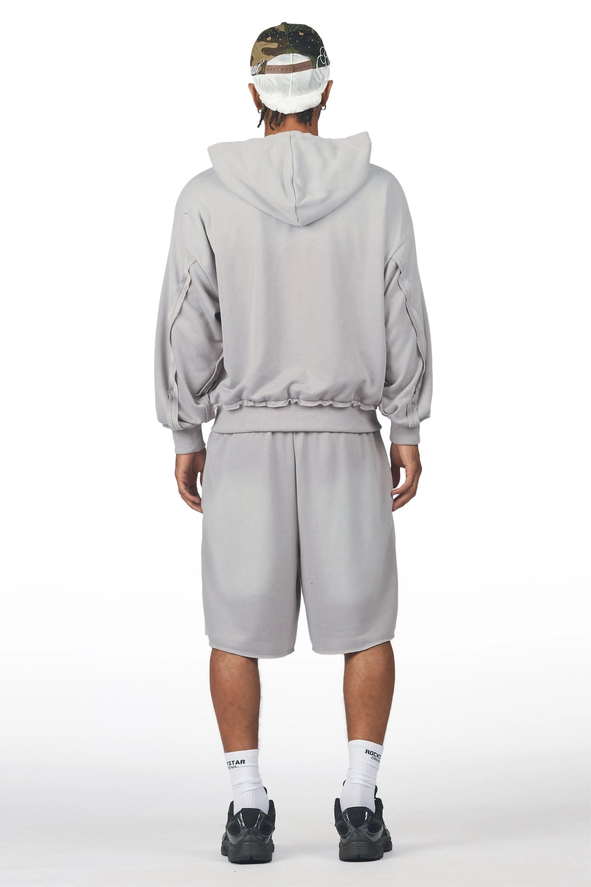 Akila Grey Rhinestone Hoodie Double Waisted Short Set