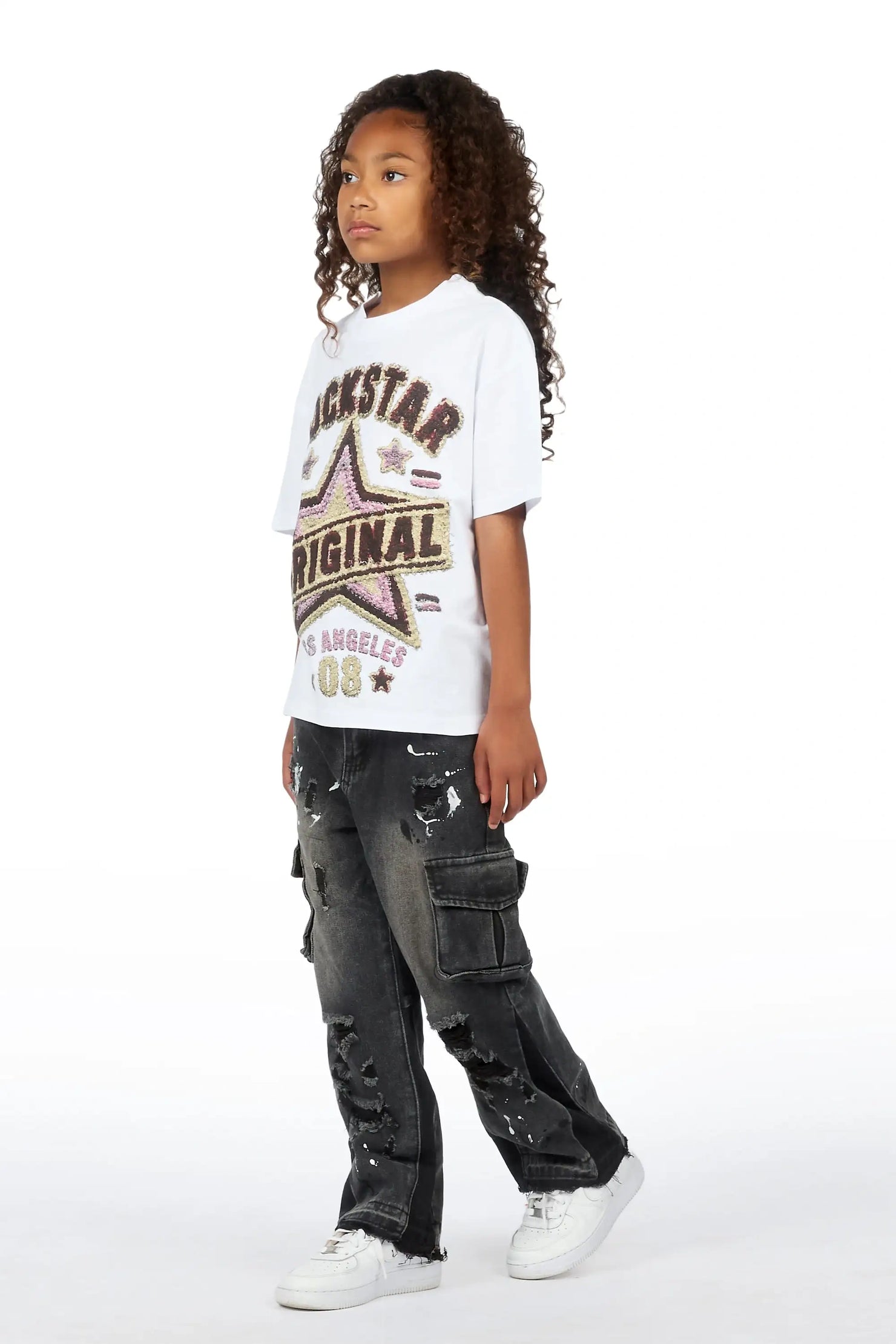 Girls Basiliskie White/Dark Grey T-Shirt Baggy Jean Set