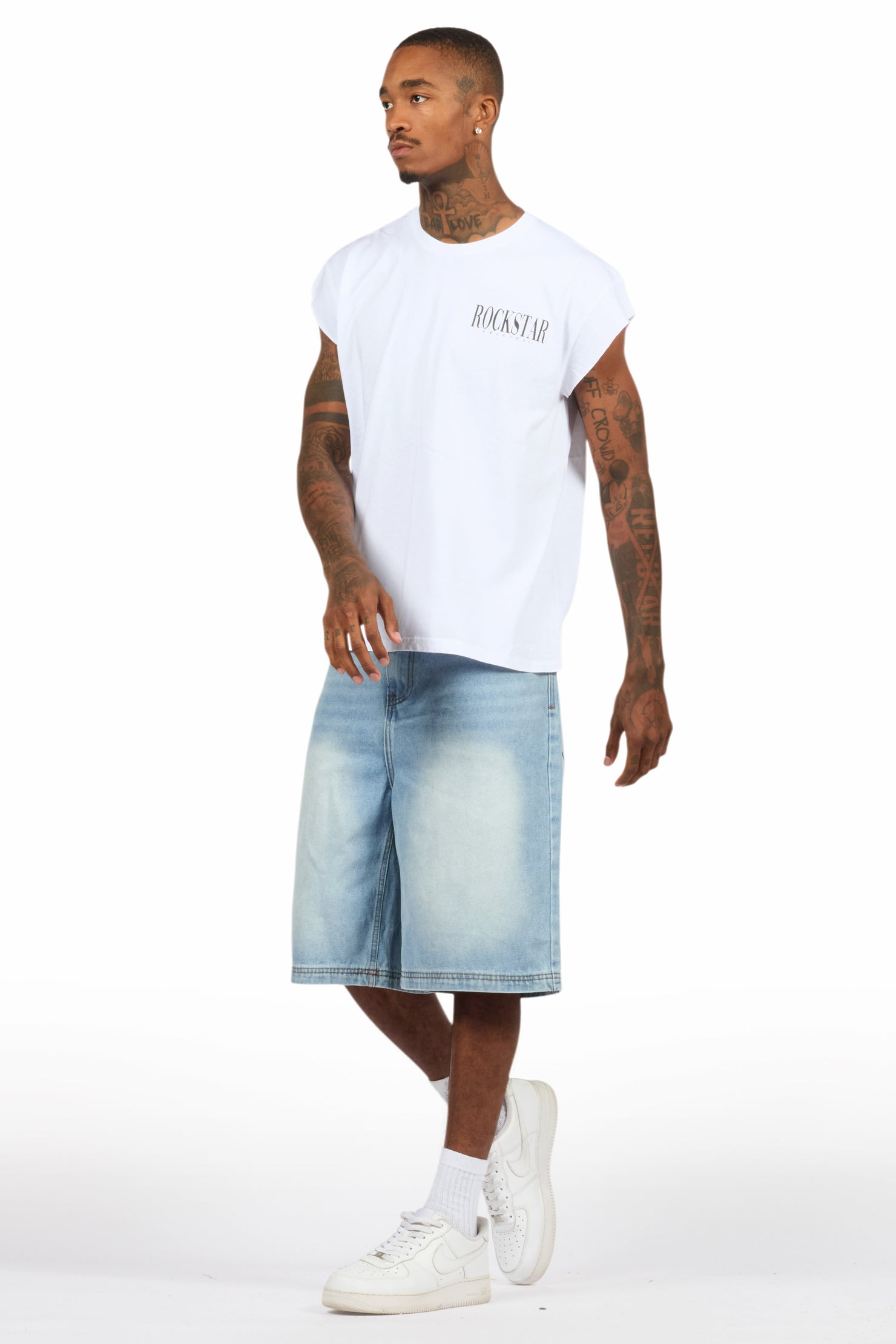 Dayte Nite White Muscle Tee/Denim Jort Set