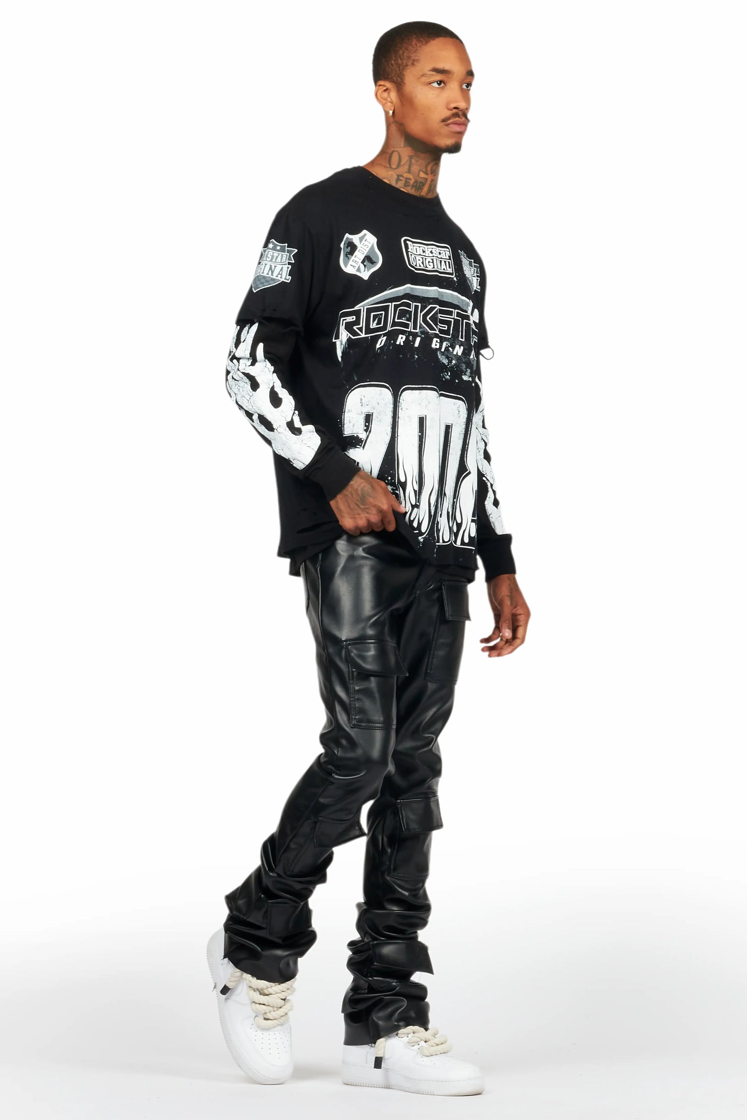 Petrus Black PU Stacked Flare Leather Jean