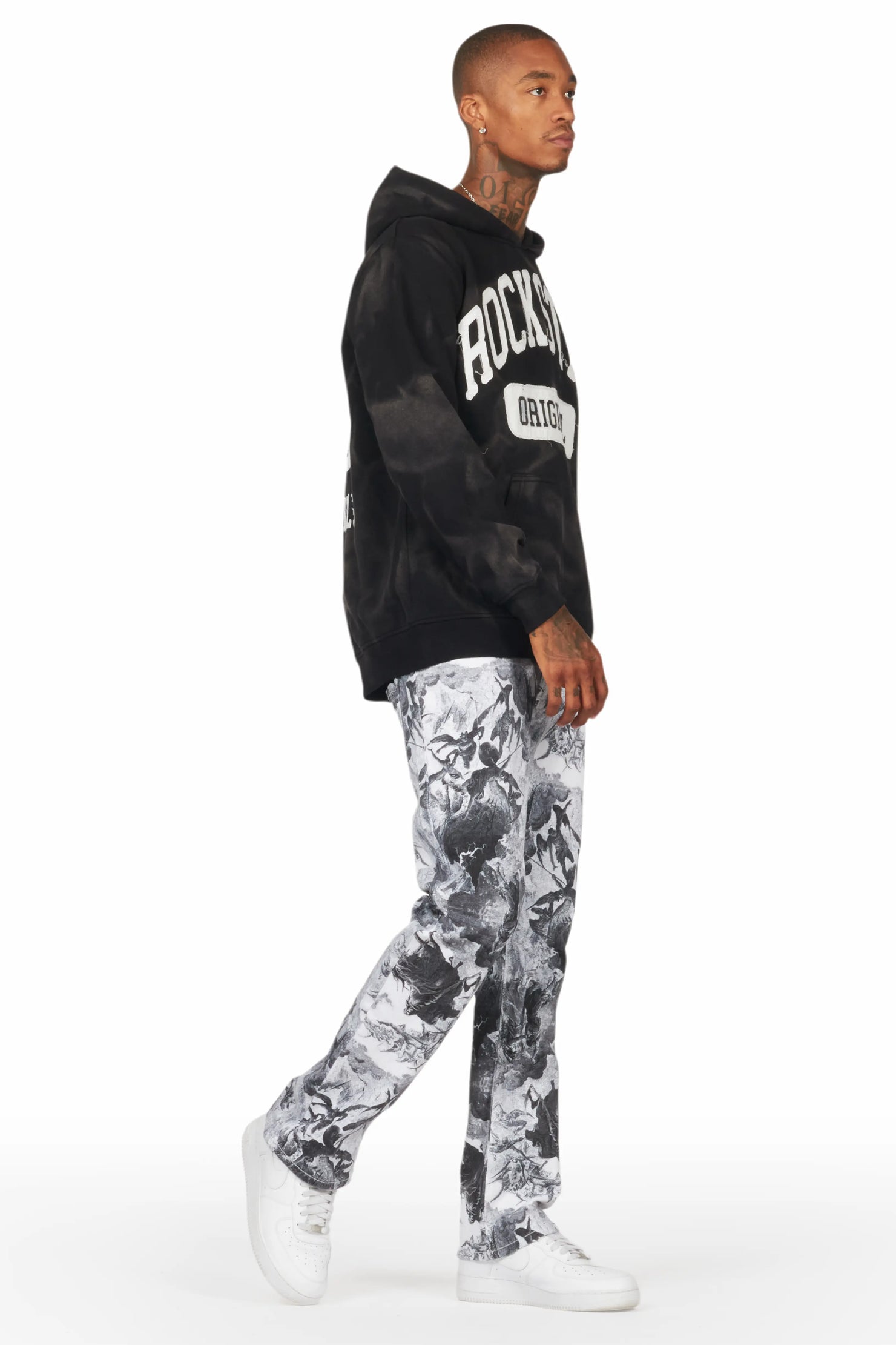 Jacop White Printed Stacked Flare Jean