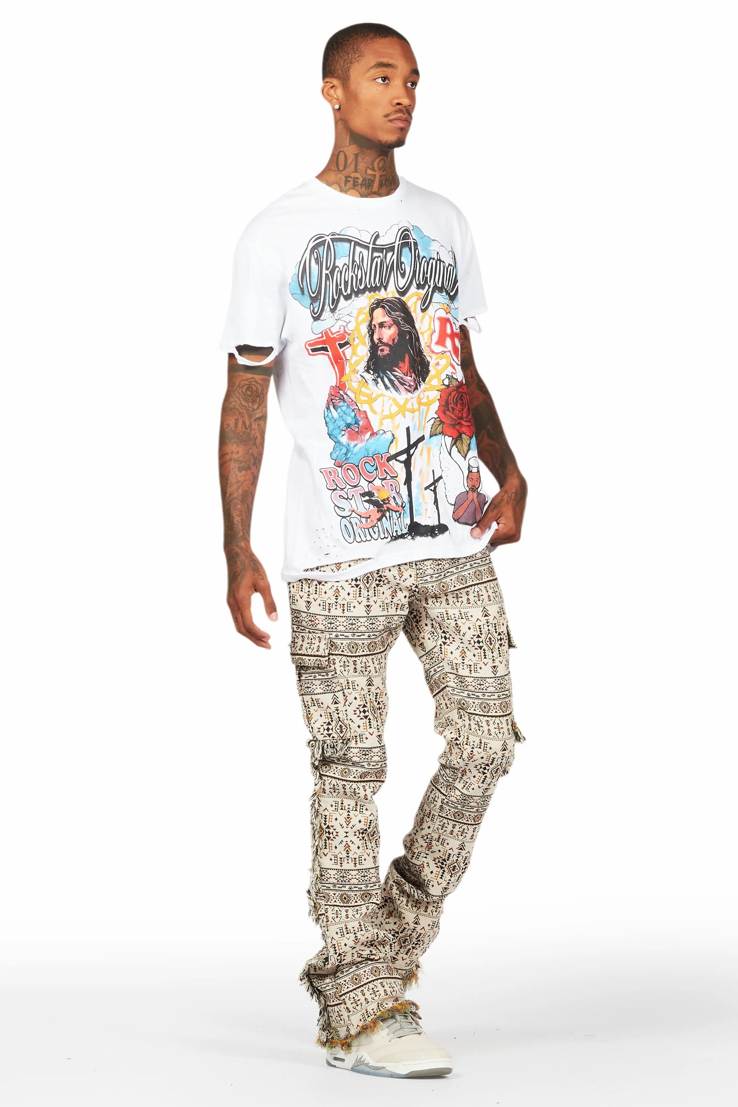 Ayaki Beige Slim Tapestry Flare Jean