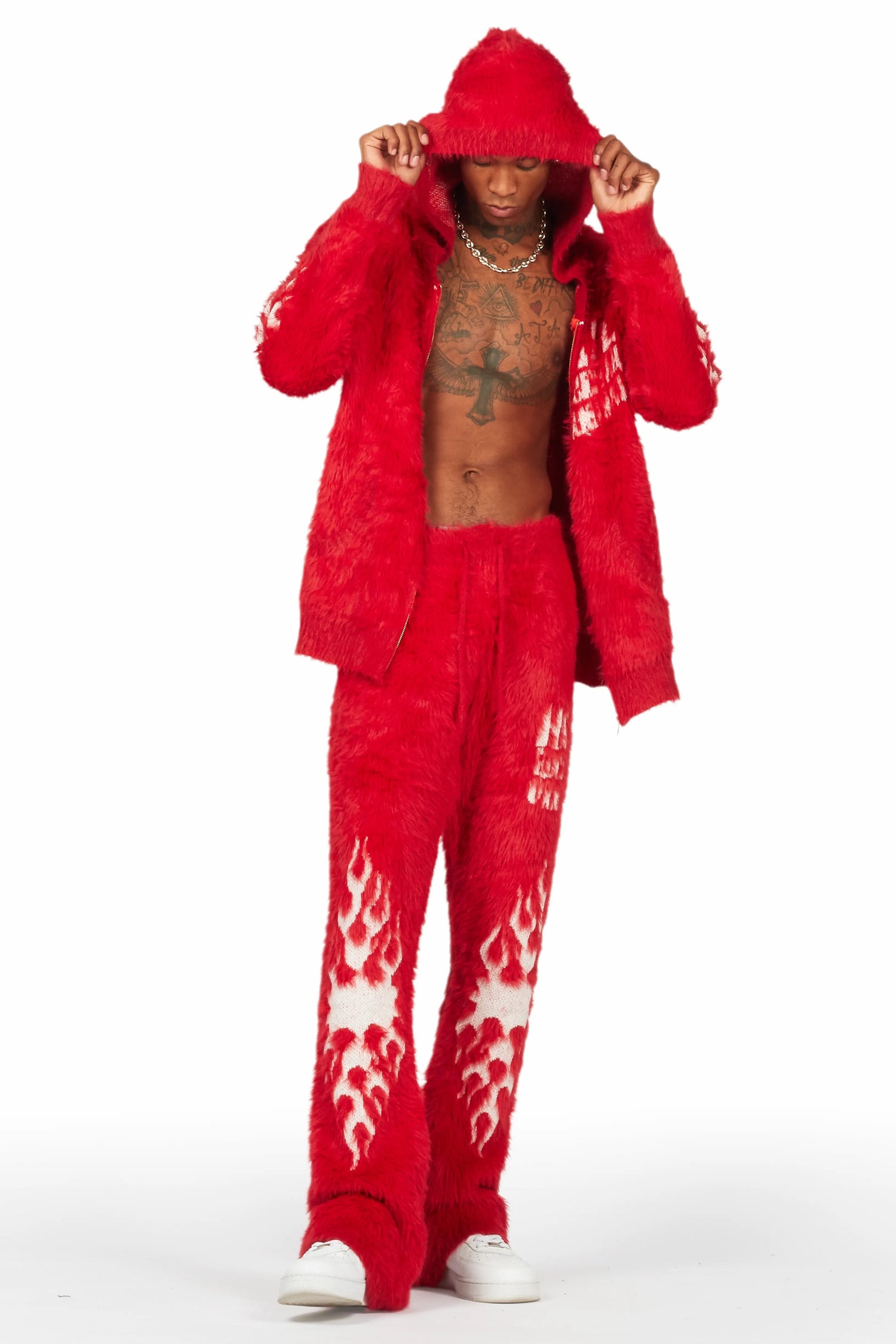 Toshio Red Stacked Flare Knitted Mohair Track Set