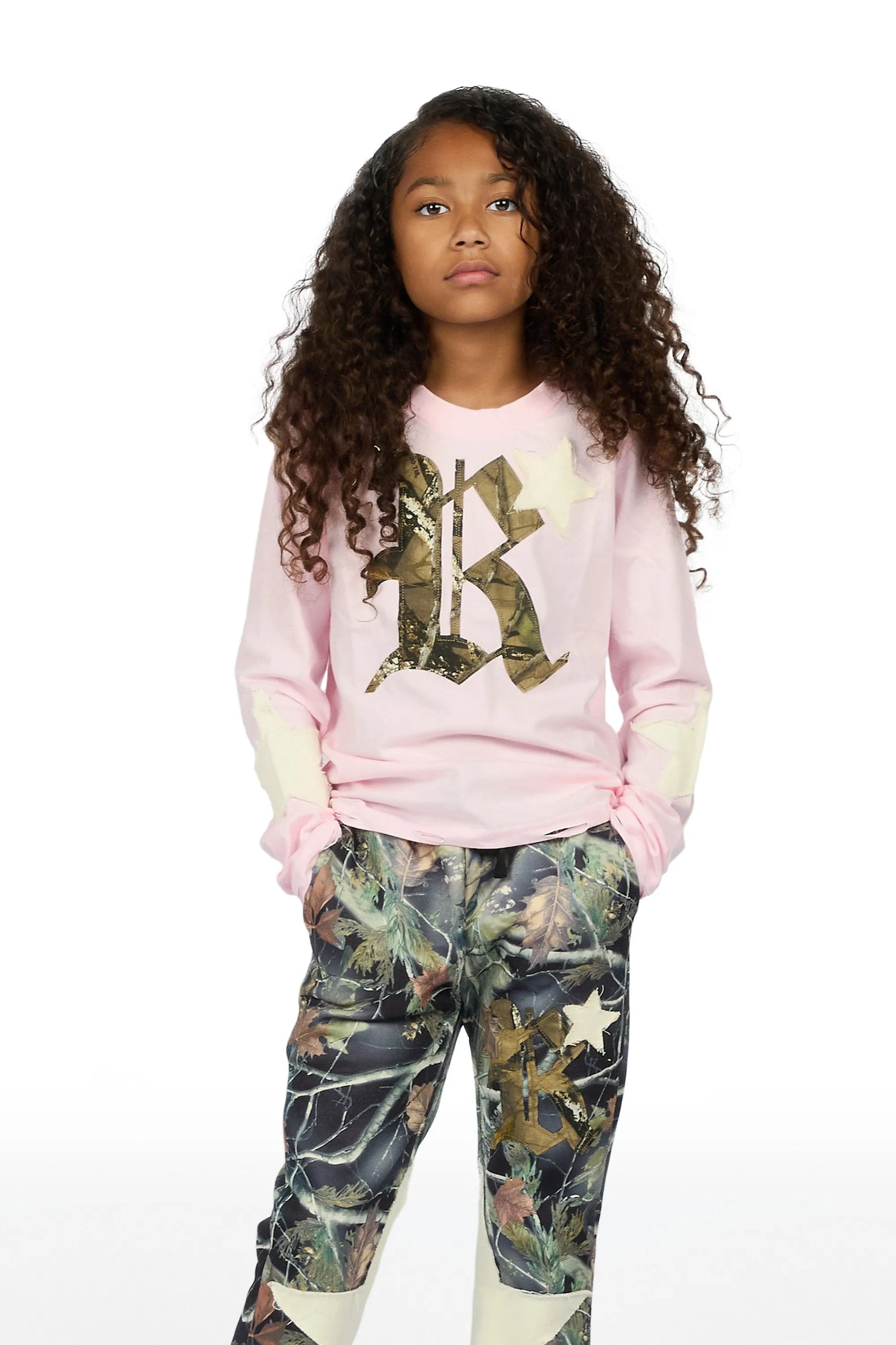 Girls Delgera Pink/Camo Long Sleeve T-Shirt Track Set
