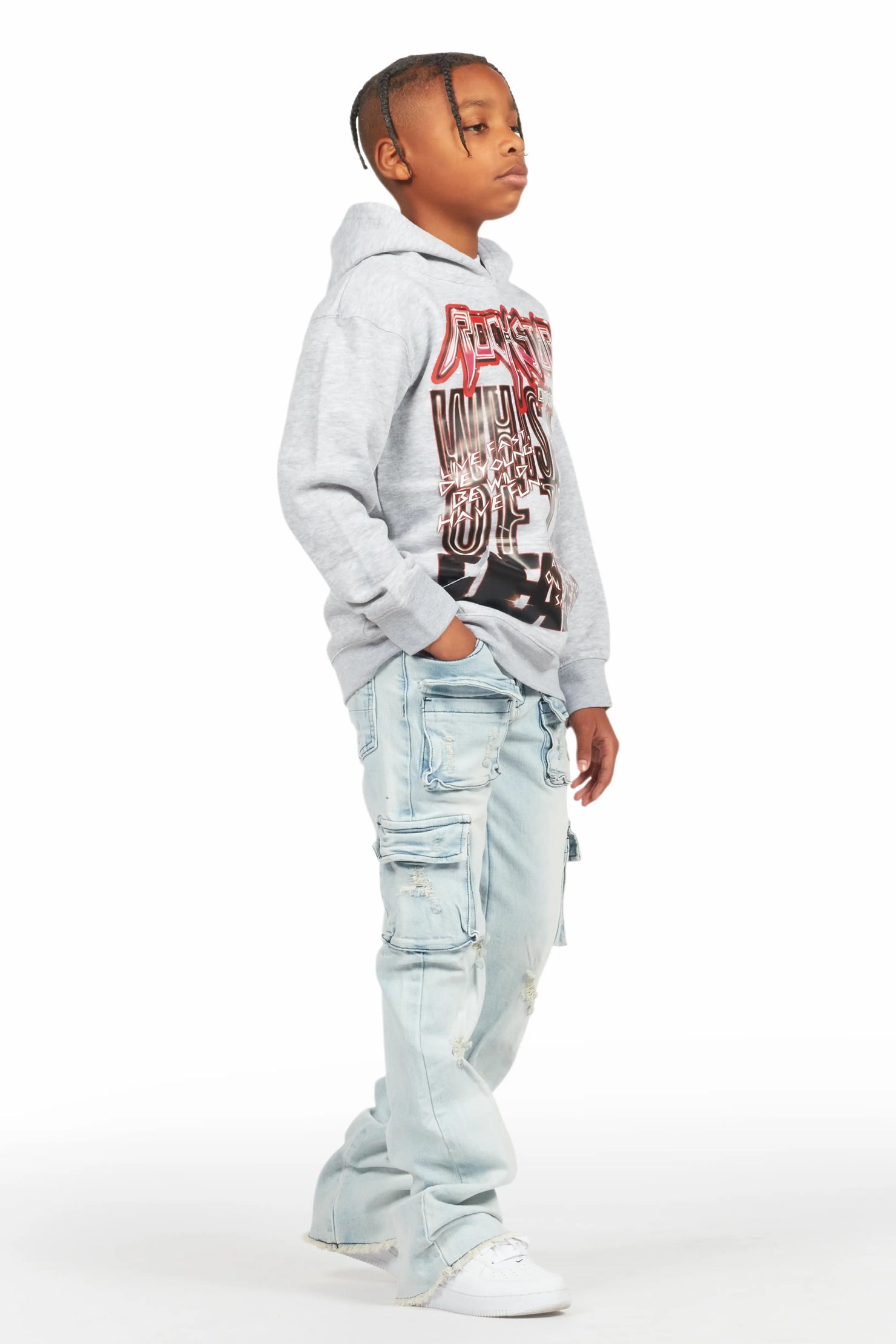Boys Lachlan Grey/Blue Hoodie/Stacked Flare Jean Set