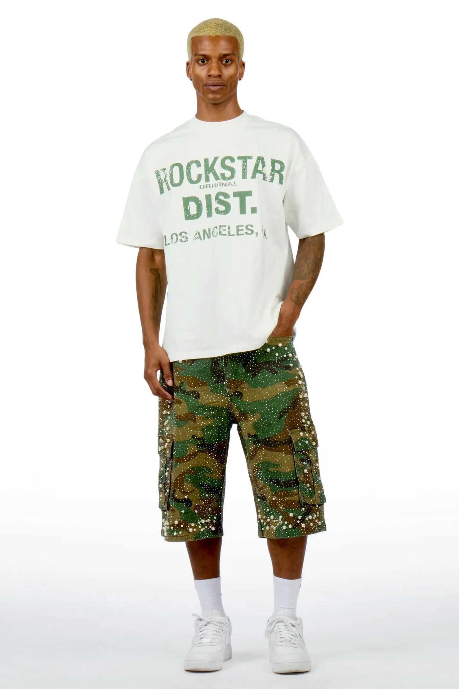 Sevyn White/Camo Rhinestone T-Shirt Denim Jort Set