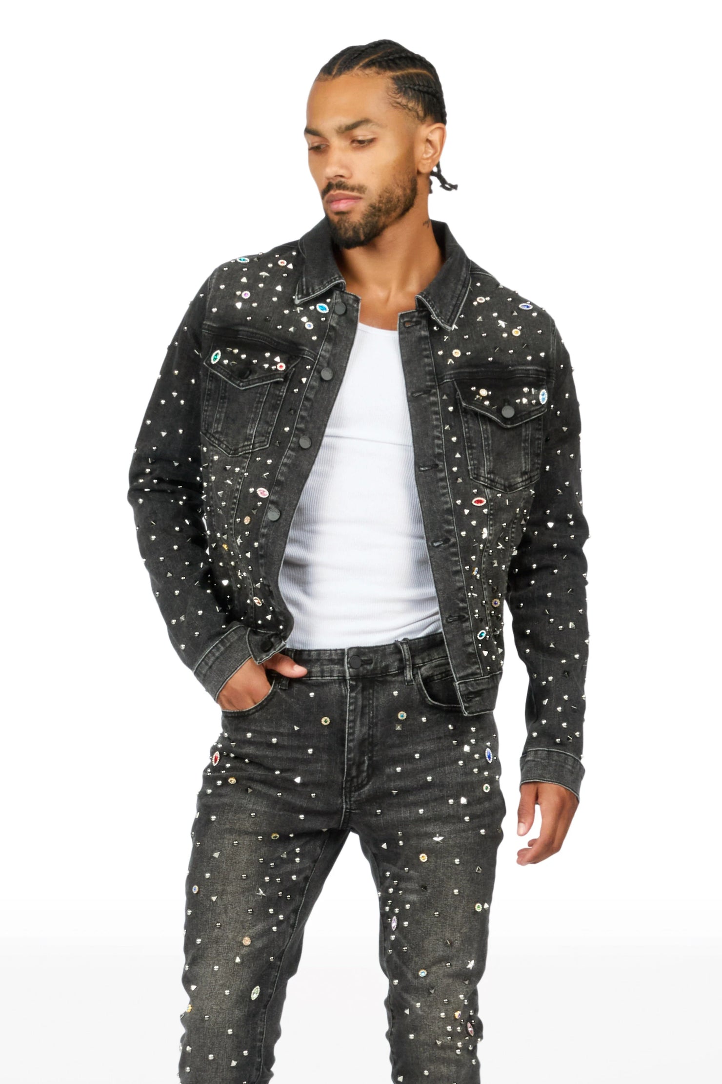 Norris Jet Black Rhinestone Denim Jacket/Stacked Flare Jean Set