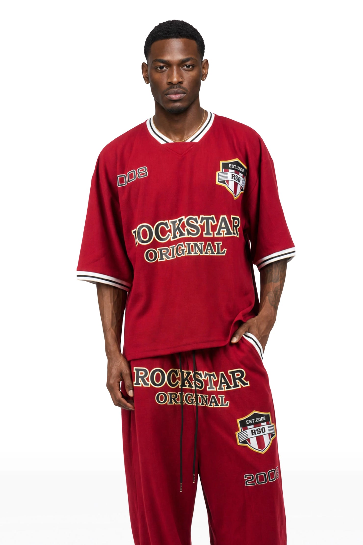 Ezel Red Crop Boxy Tee/Barrel Fit Track Set
