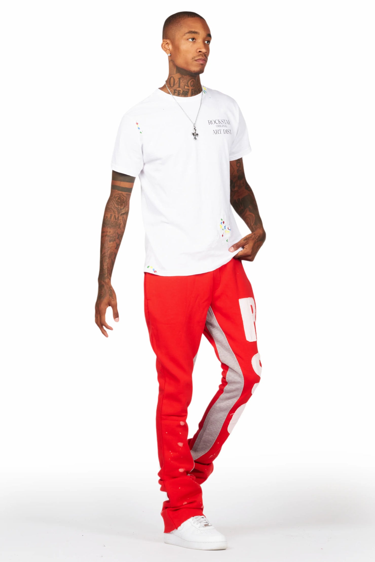 Uko Red Patchwork Stacked Flare Track Pant