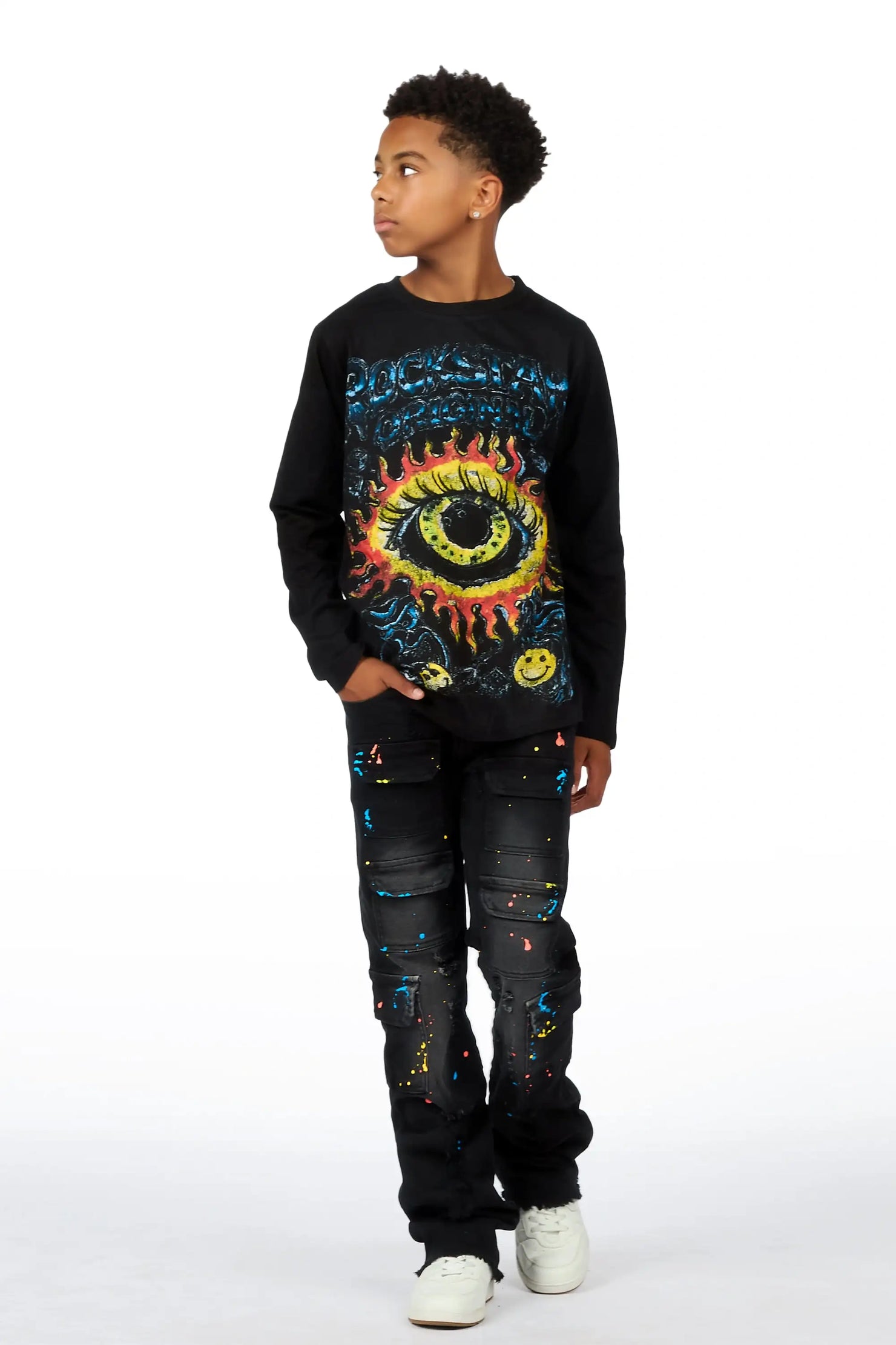 Boys Storm Black Long Sleeve T-shirt Painter Stacked Jean Set