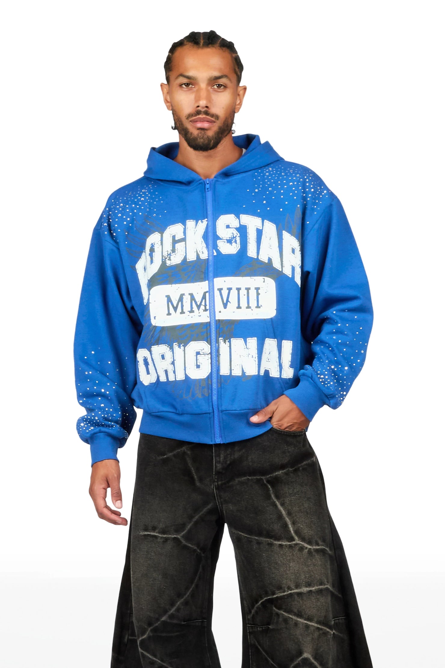 Borya Royal Blue Rhinestone Zip Up Hoodie
