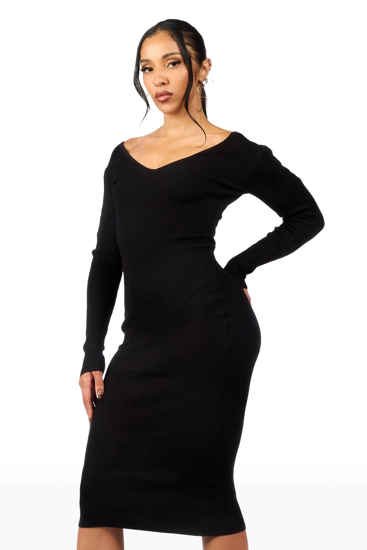 Sweater-ed Black Bodycon Midi Dress