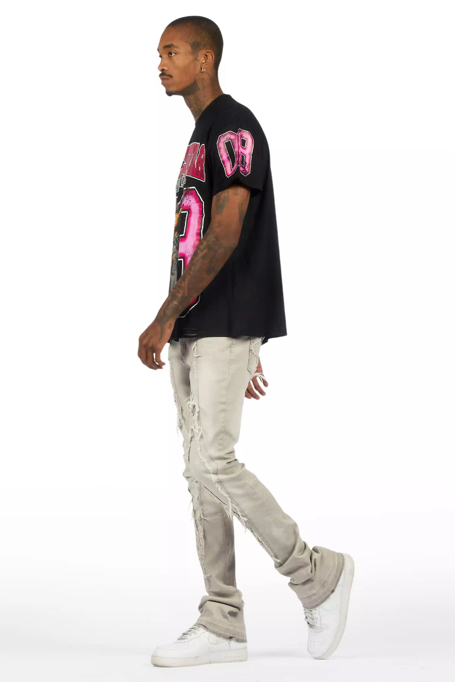 Fields Black Oversized Graphic T-Shirt/Painted Stacked Flare Jean