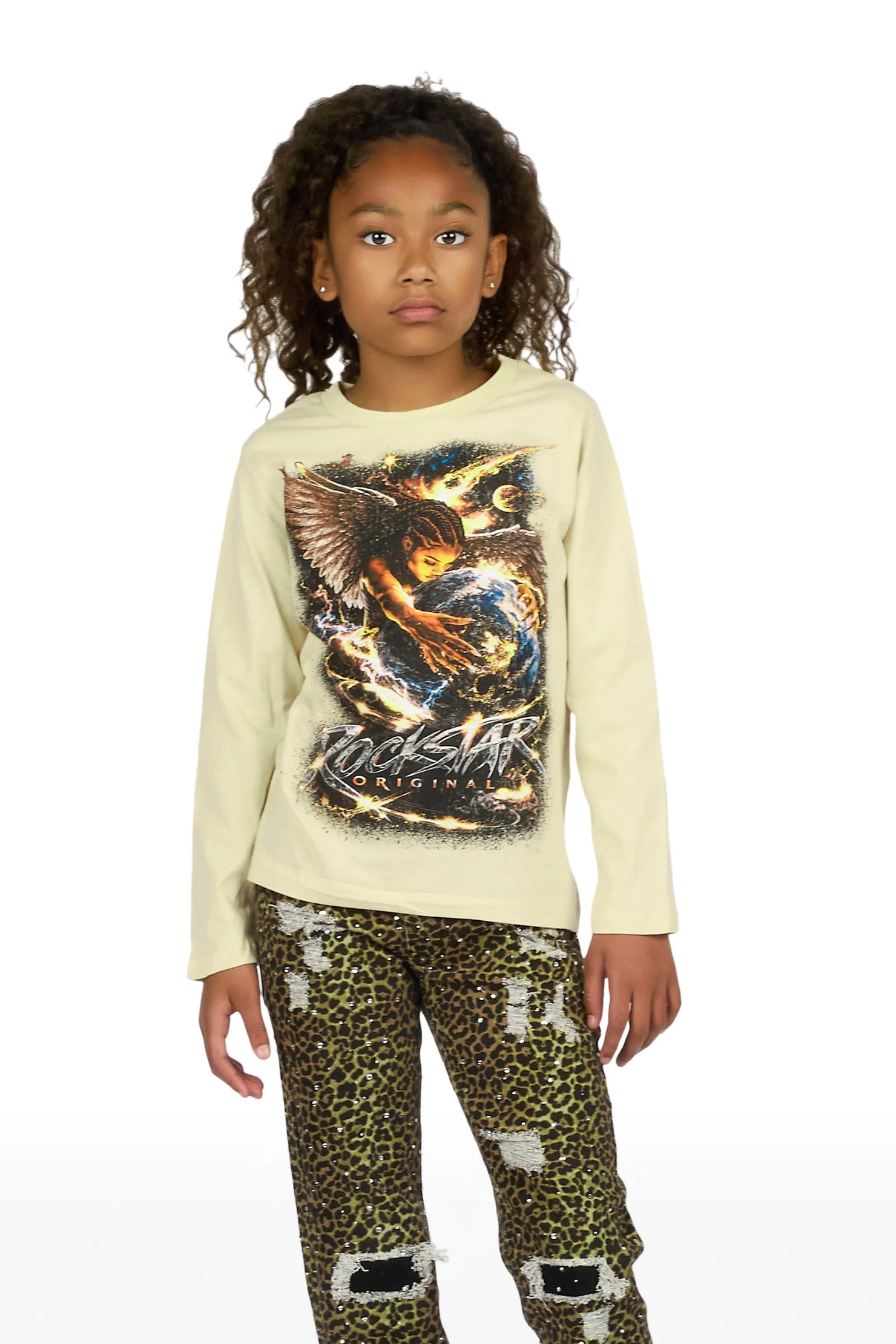 Girls Kearnly Sand/Cheetah Long Sleeve T-Shirt Rhinestone Jean Set