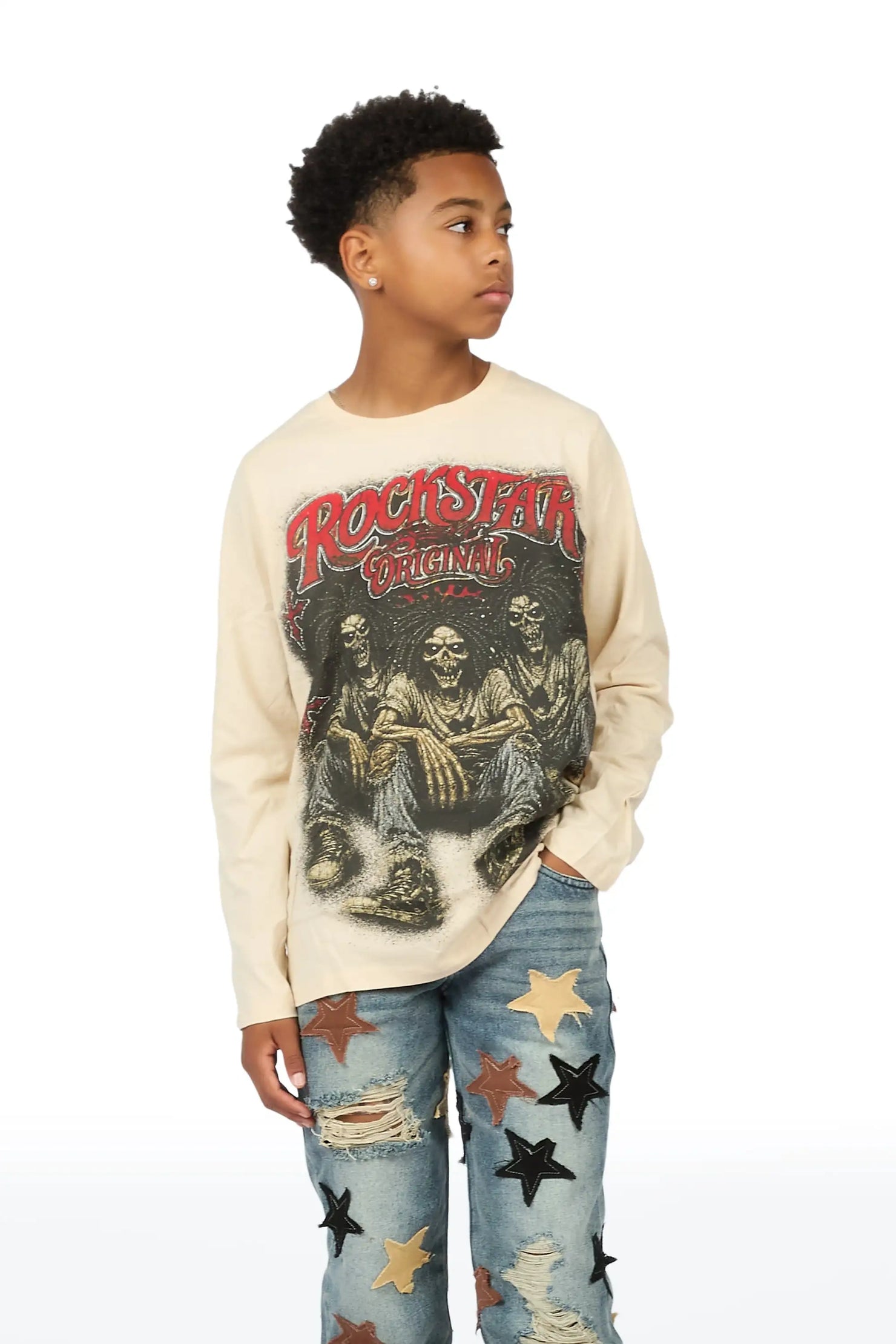 Boys Wilder Sand/Blue Long Sleeve T-shirt Patchwork Jean Set