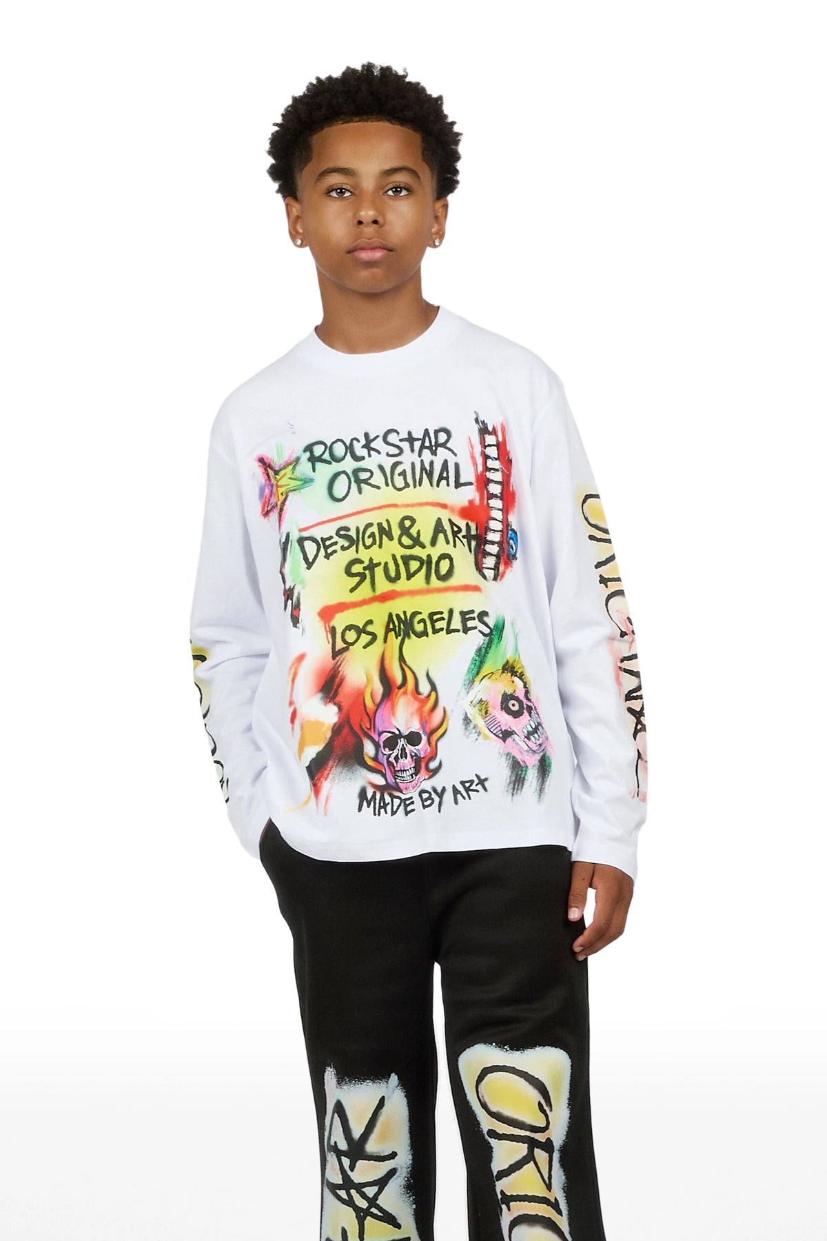 Boys Soweto White/Black Long Sleeve Graphic T-Shirt Track Set
