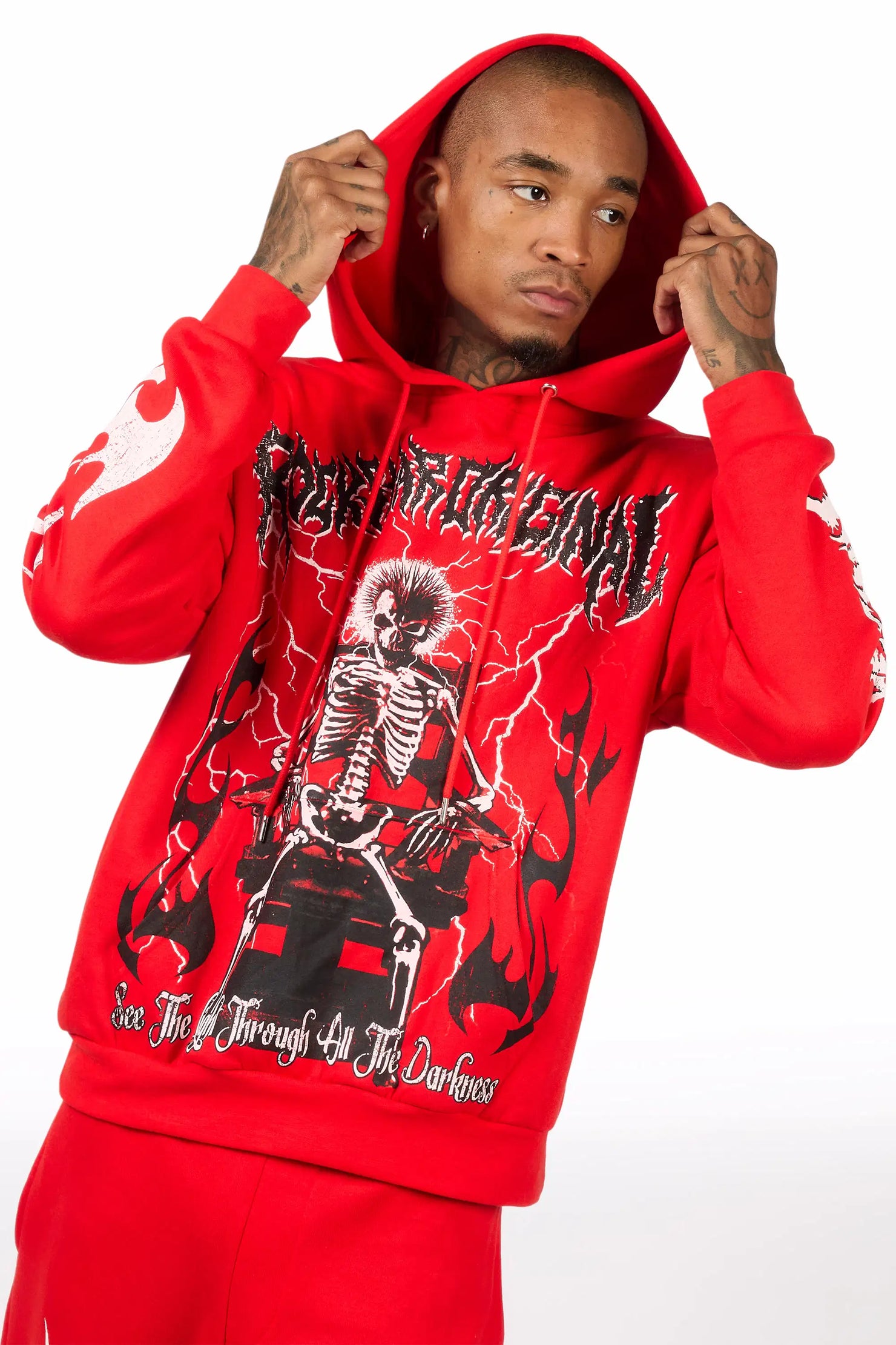 Deathrow Red/White Hoodie/Stacked Track Pant Set