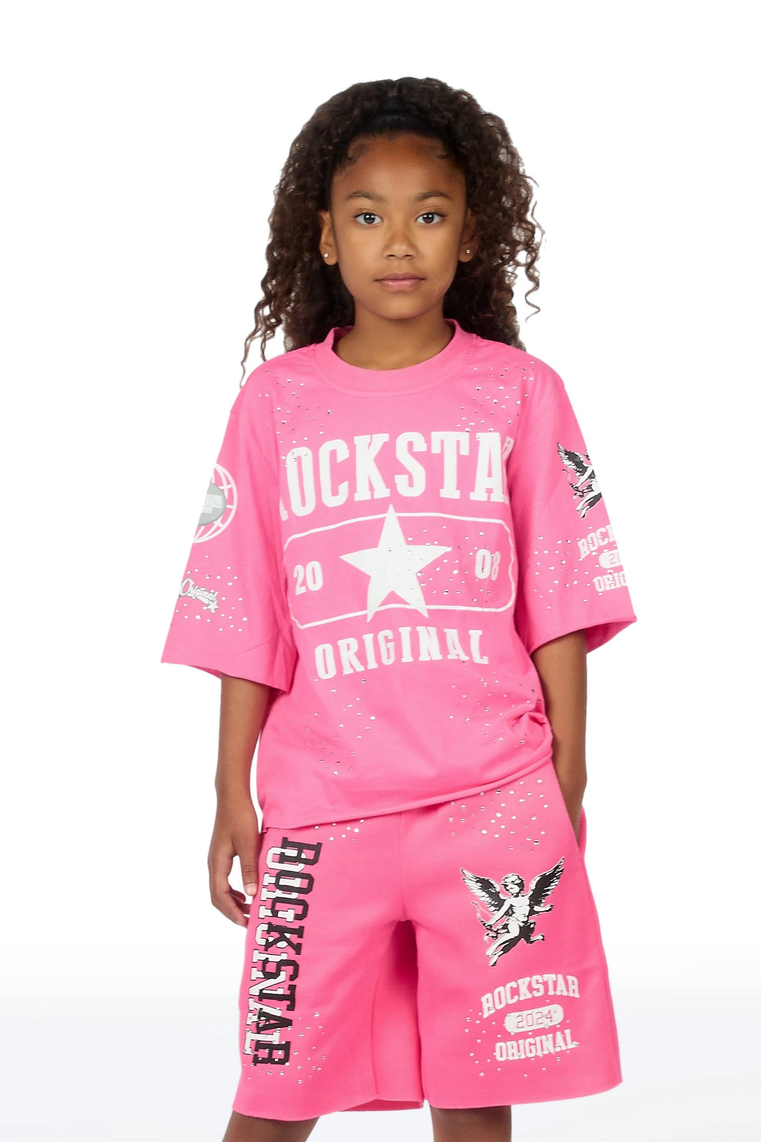 Girls Kyesha Hot Pink Rhinestone Boxy T-Shirt Short Set