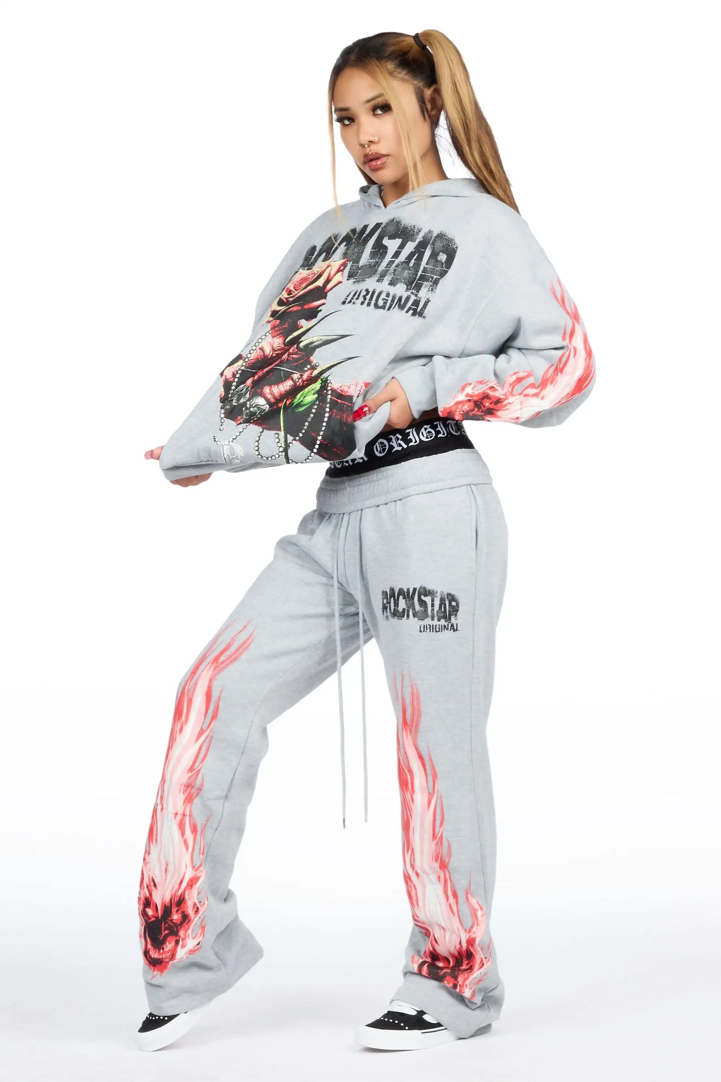 Kyntra Heather Grey Graphic Baggy Fit Track Set