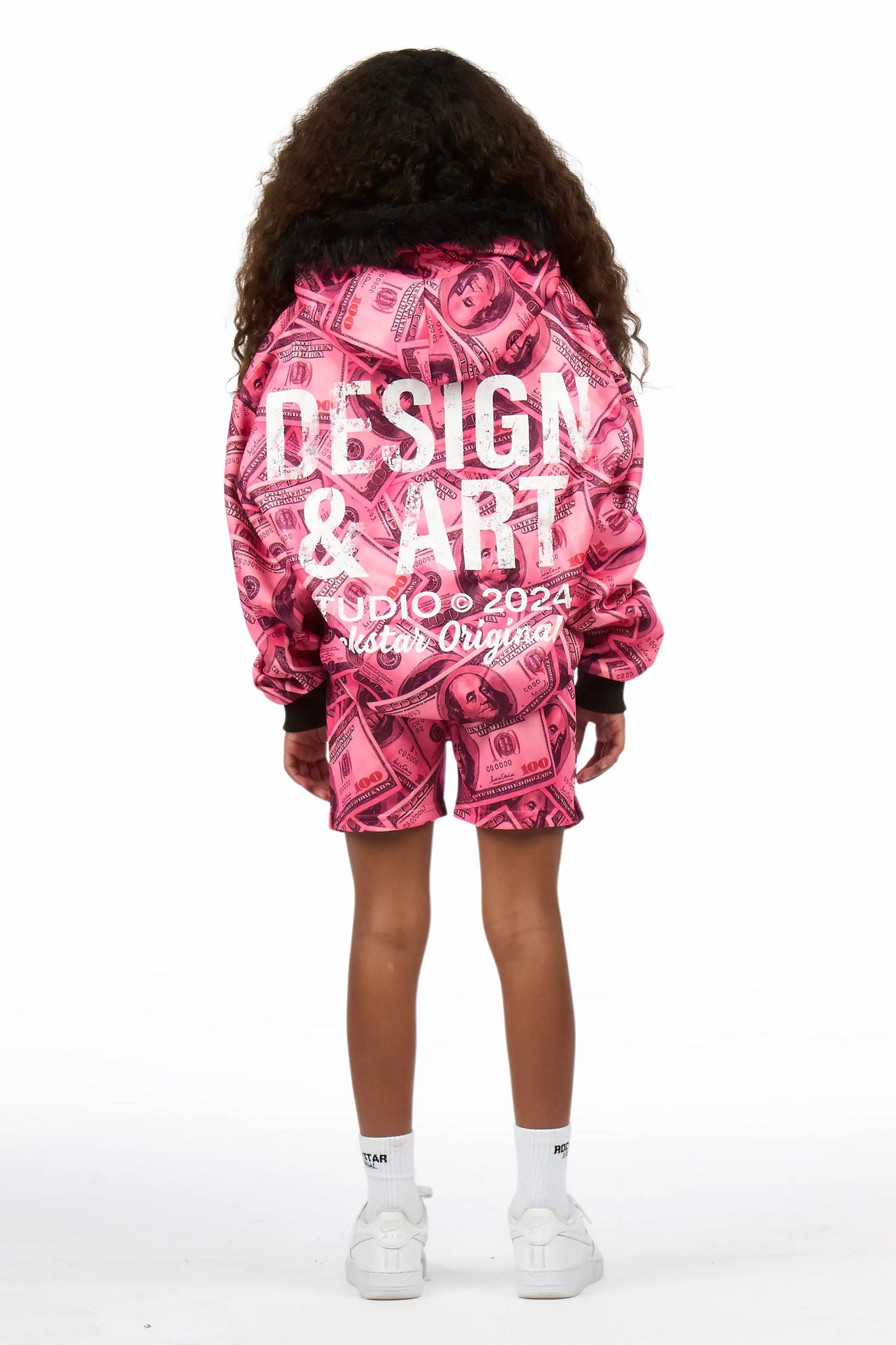 Girls Sidney Pink Zip Up Short Set With Fur Hood