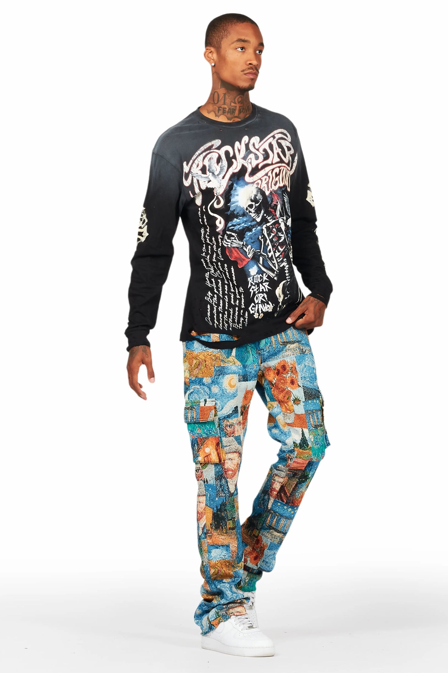 Zaire Blue Multi Tapestry Stacked Flare Jean