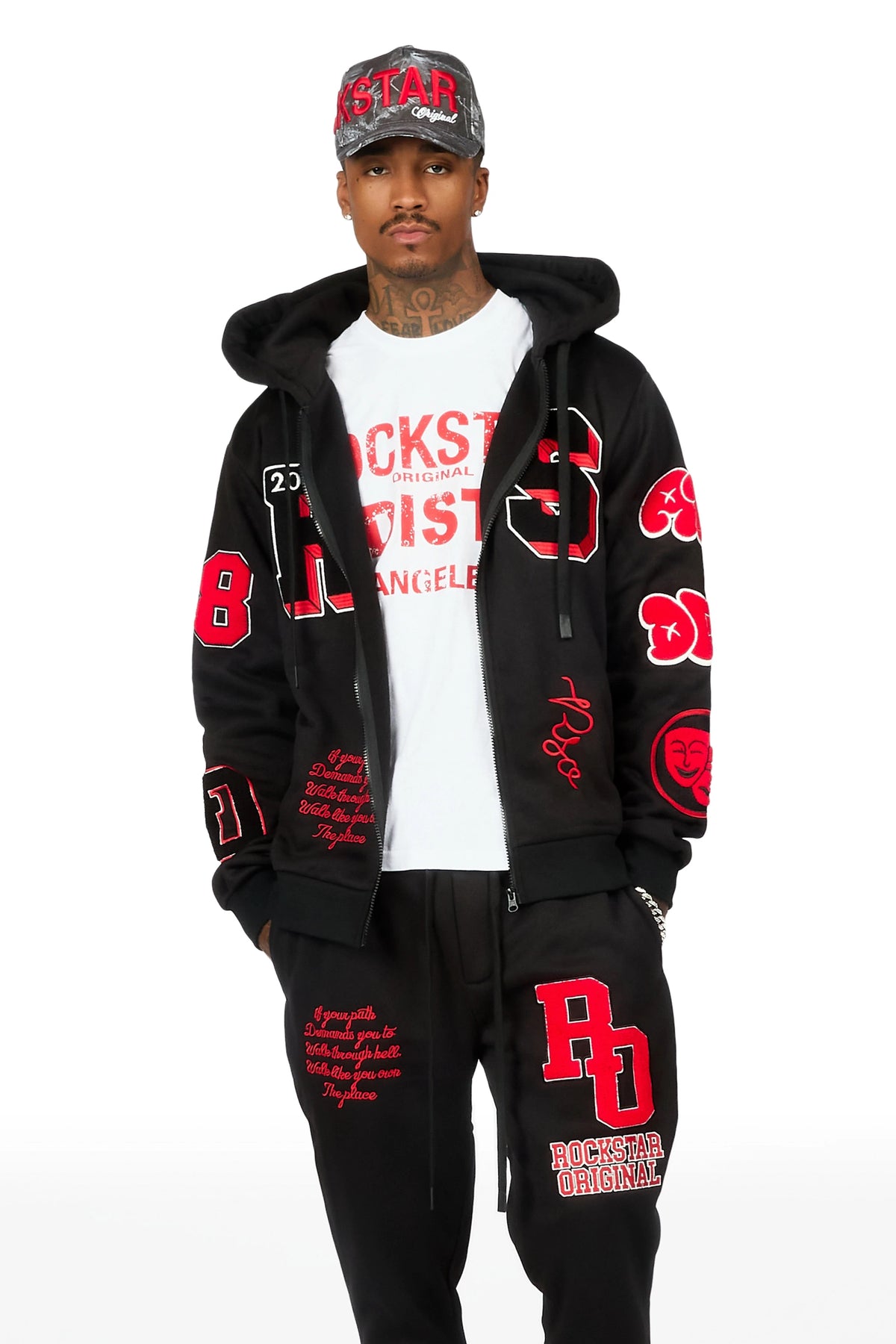 Leslaw Black/Red Zip Up Hoodie Stacked Track Set