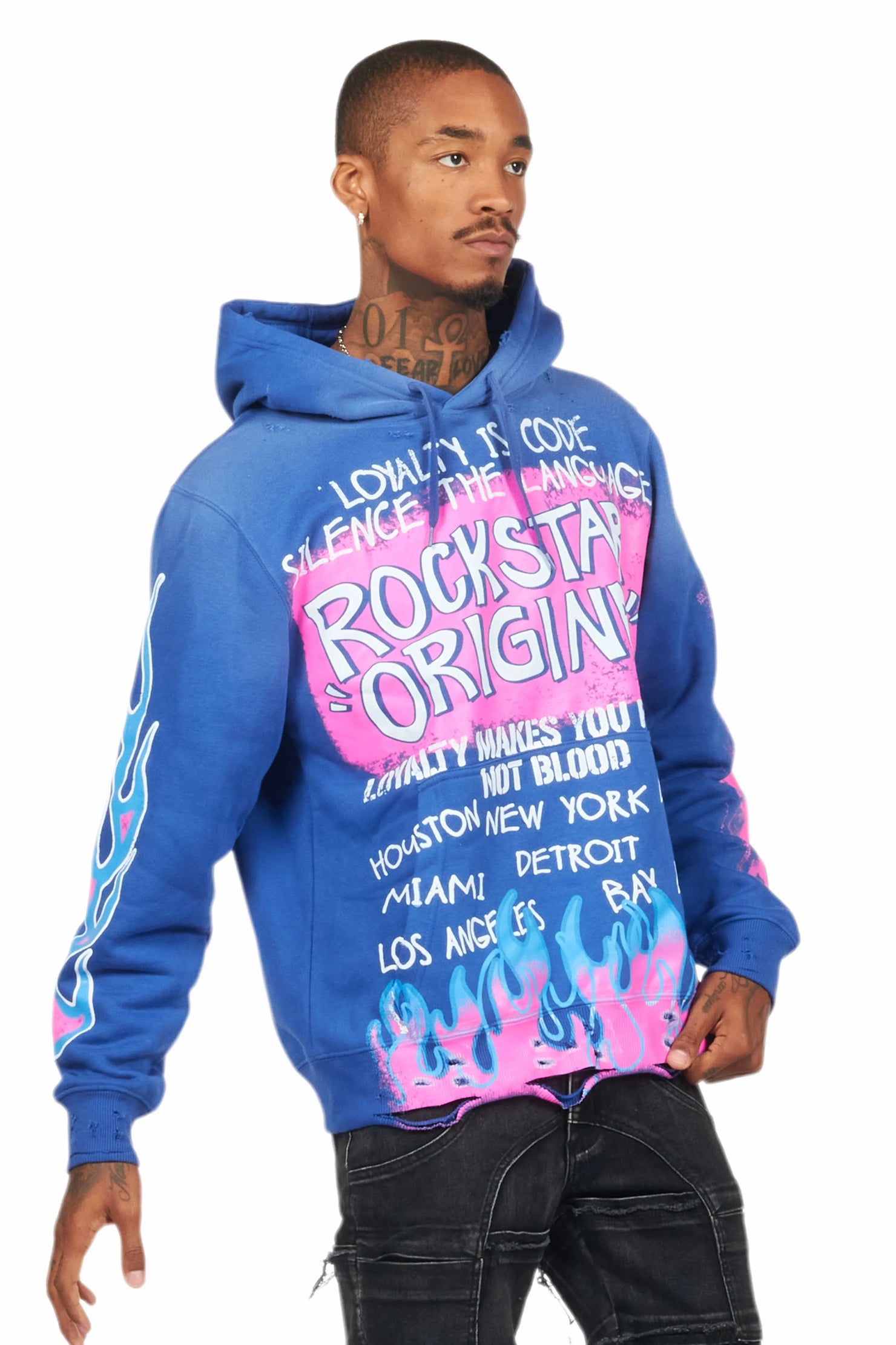Beno Royal Blue Distressed Graphic Hoodie