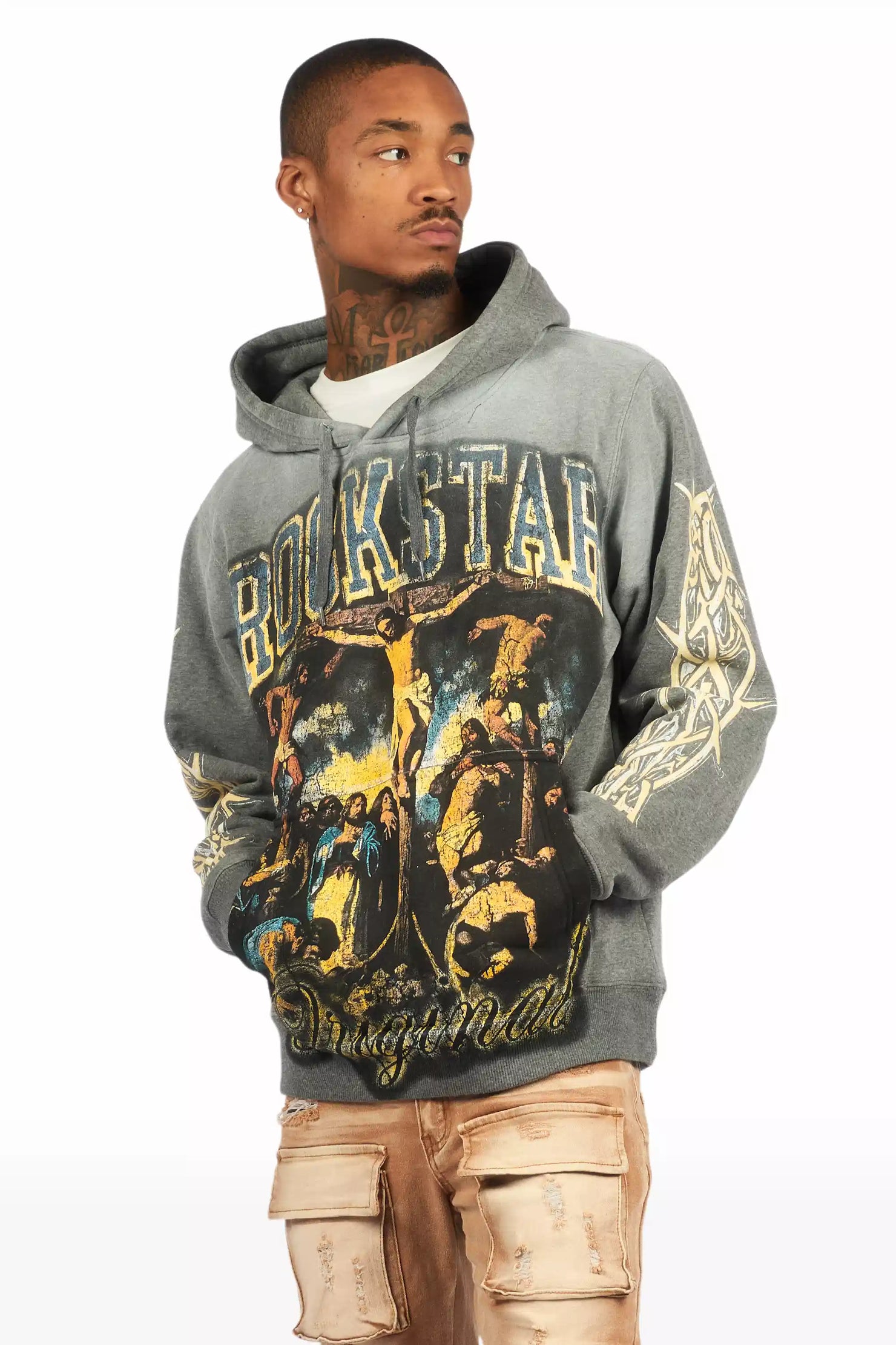 Waller Heather Grey Graphic Distressed Hoodie