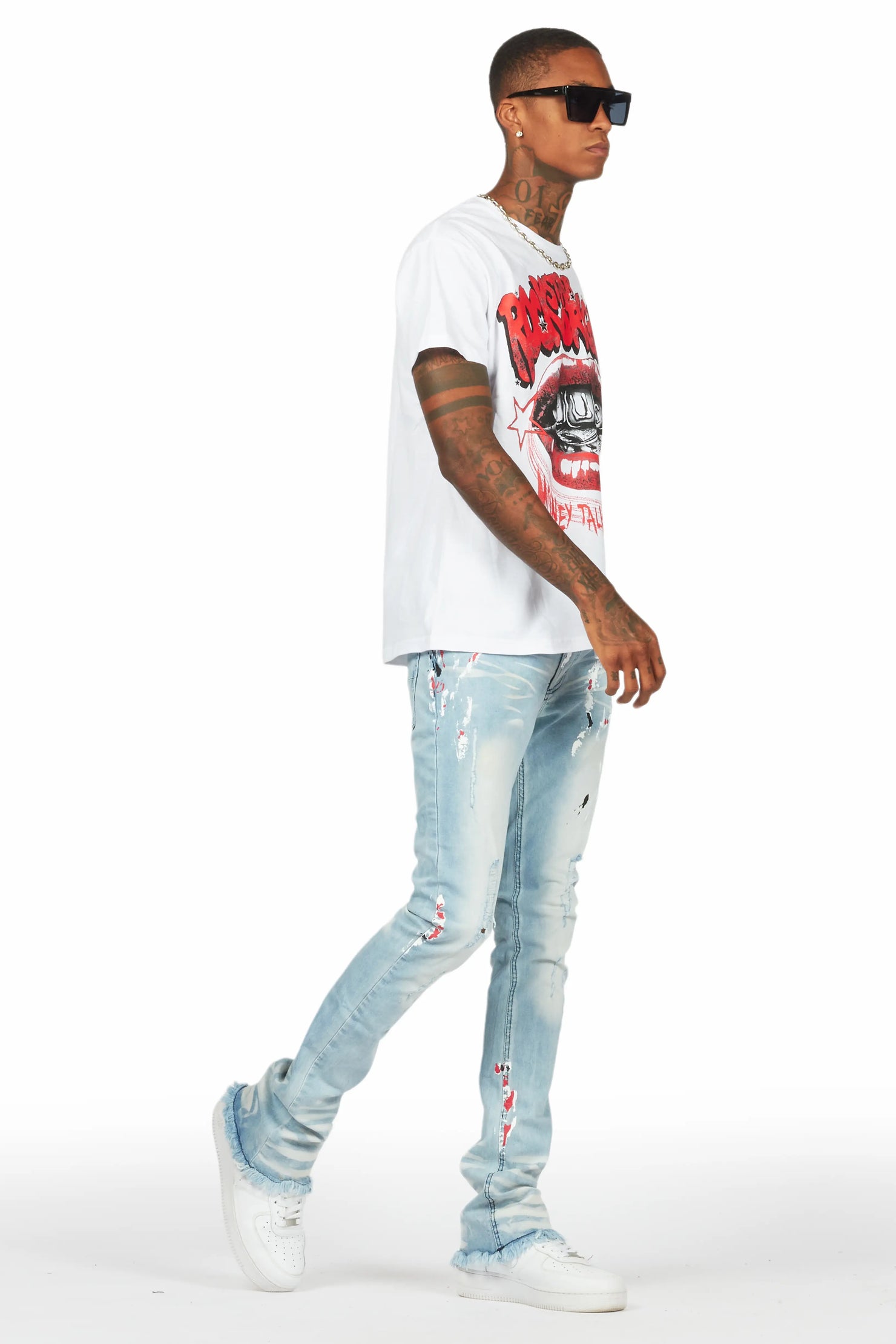 Bloke White/Blue T-Shirt/Stacked Flare Jean Set