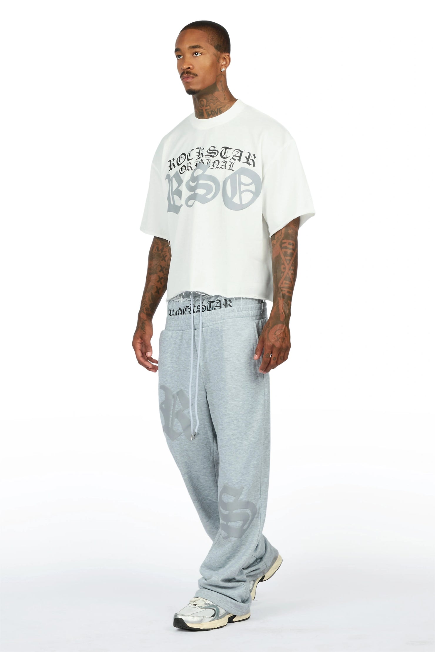 Burke Heather Grey Chenille Patch Boxy Tee/Double Waistband Pant Track Set