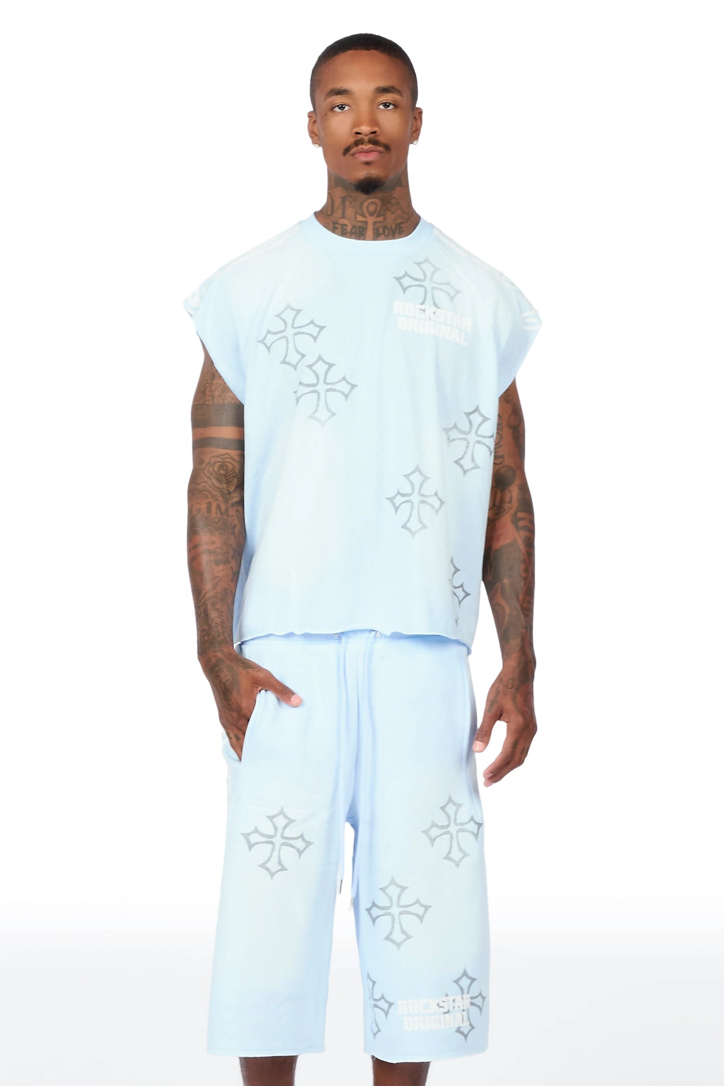 Osso Sky Blue Cut Sleeve T-Shirt Double Waisted Jort Set