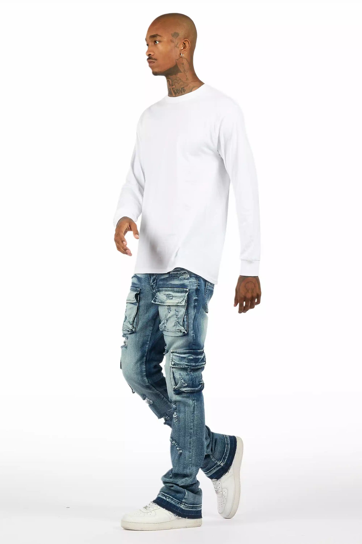 Zaid Dark Blue Stacked Flare Jean