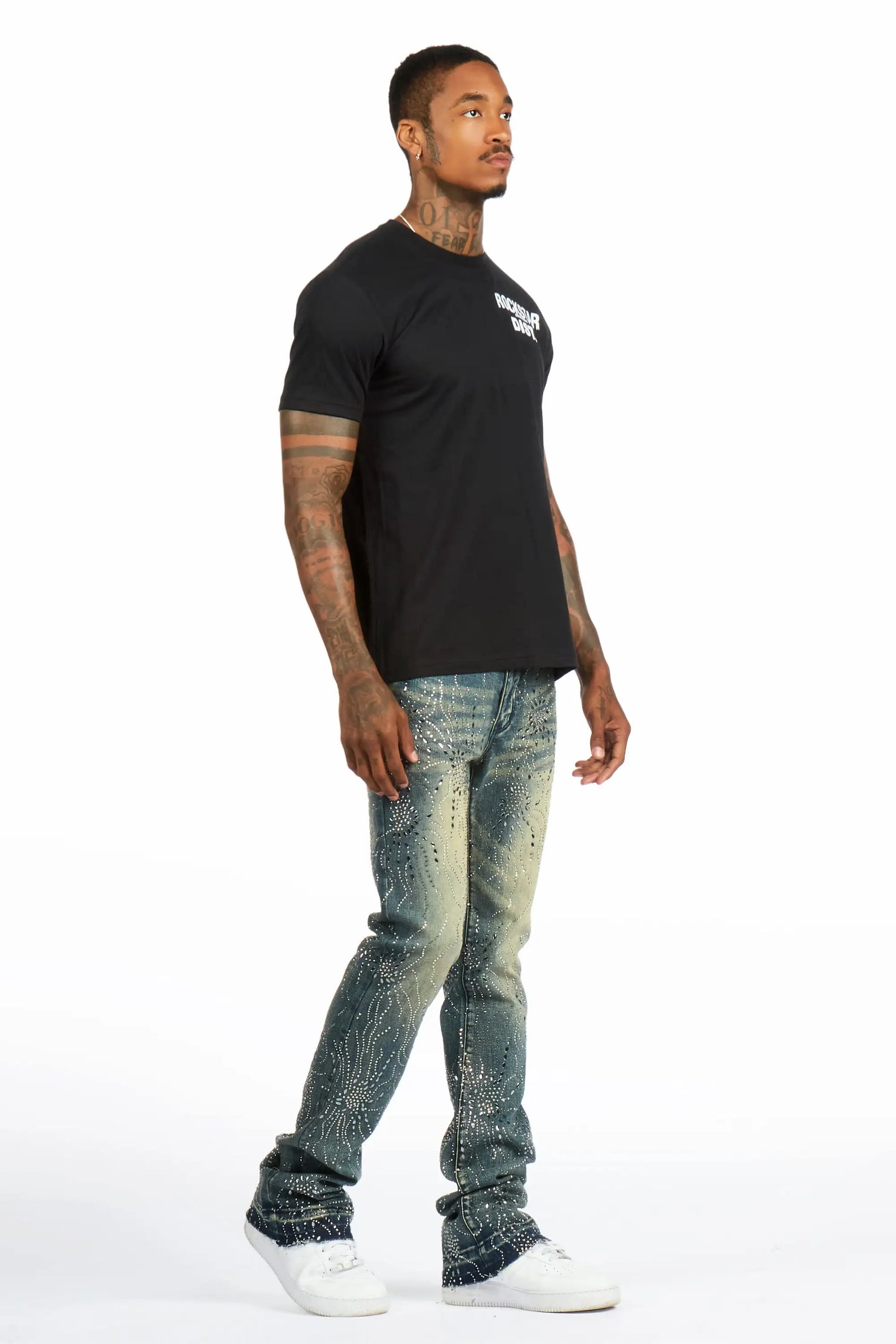 Izai Dark Blue Rhinestone Stacked Fit Jean