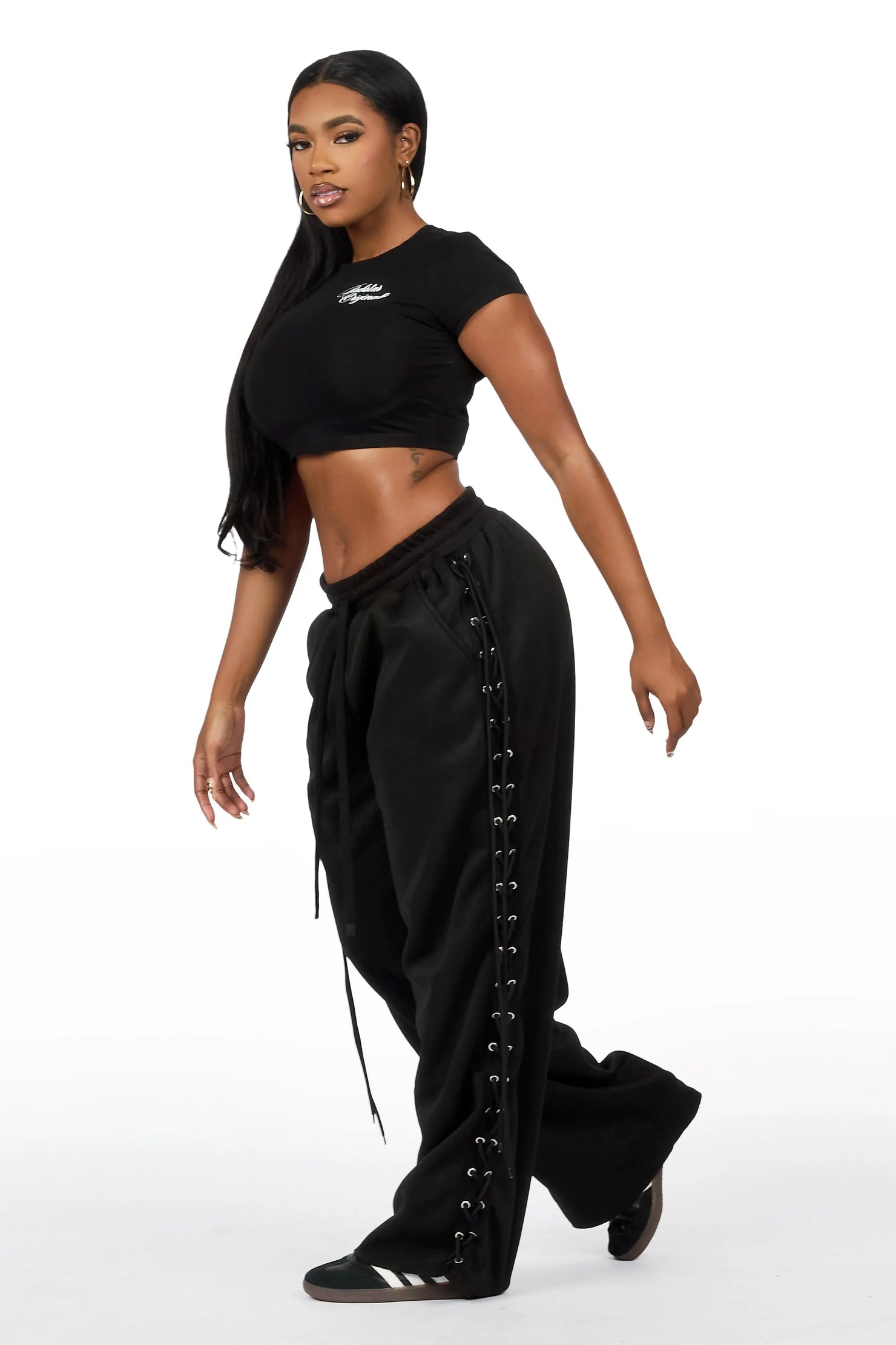 Desire Black Lace Up  Crop T-Shirt Baggy Track Set