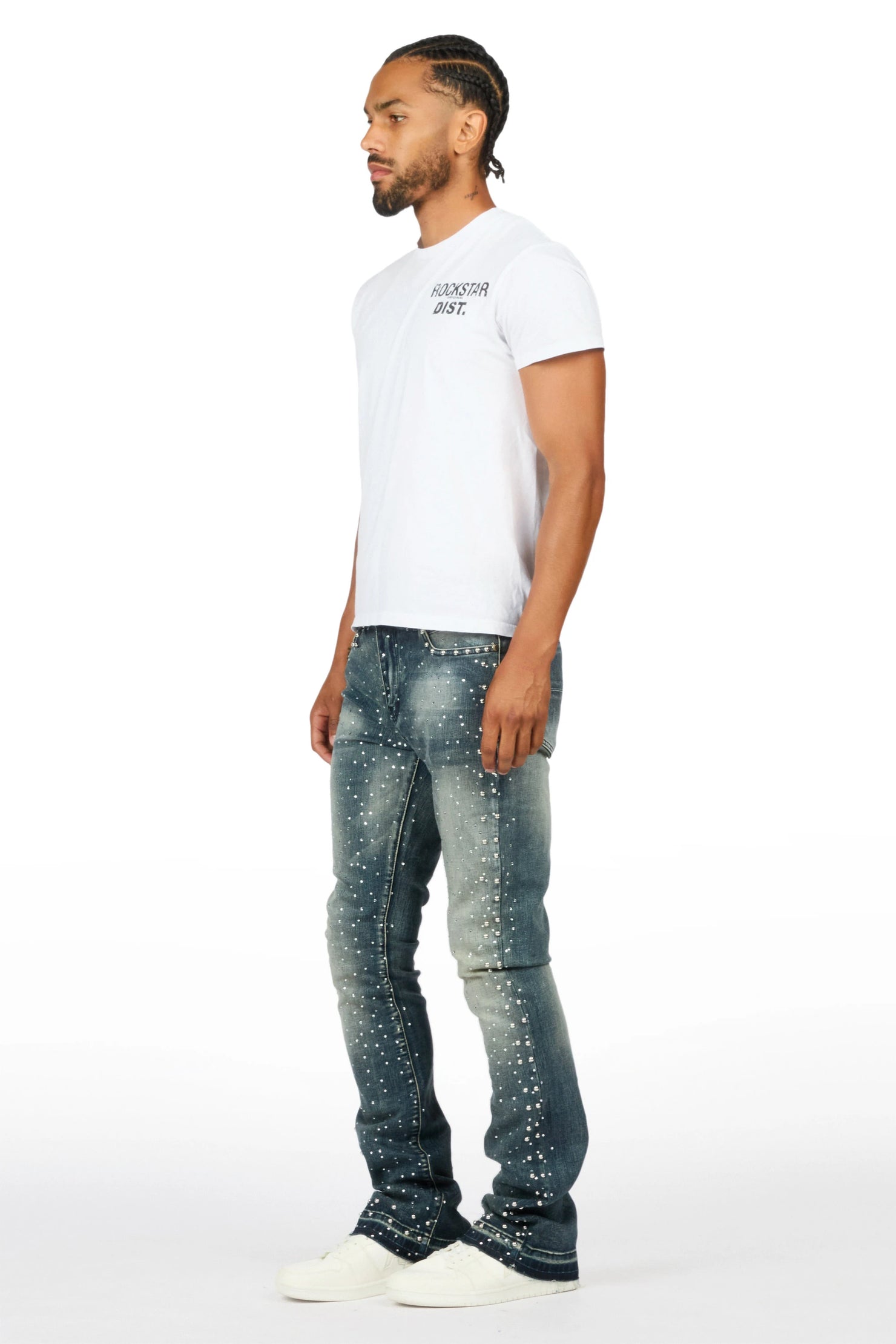 Miller Dark Blue Rhinestone Studded Stacked Flare Jean
