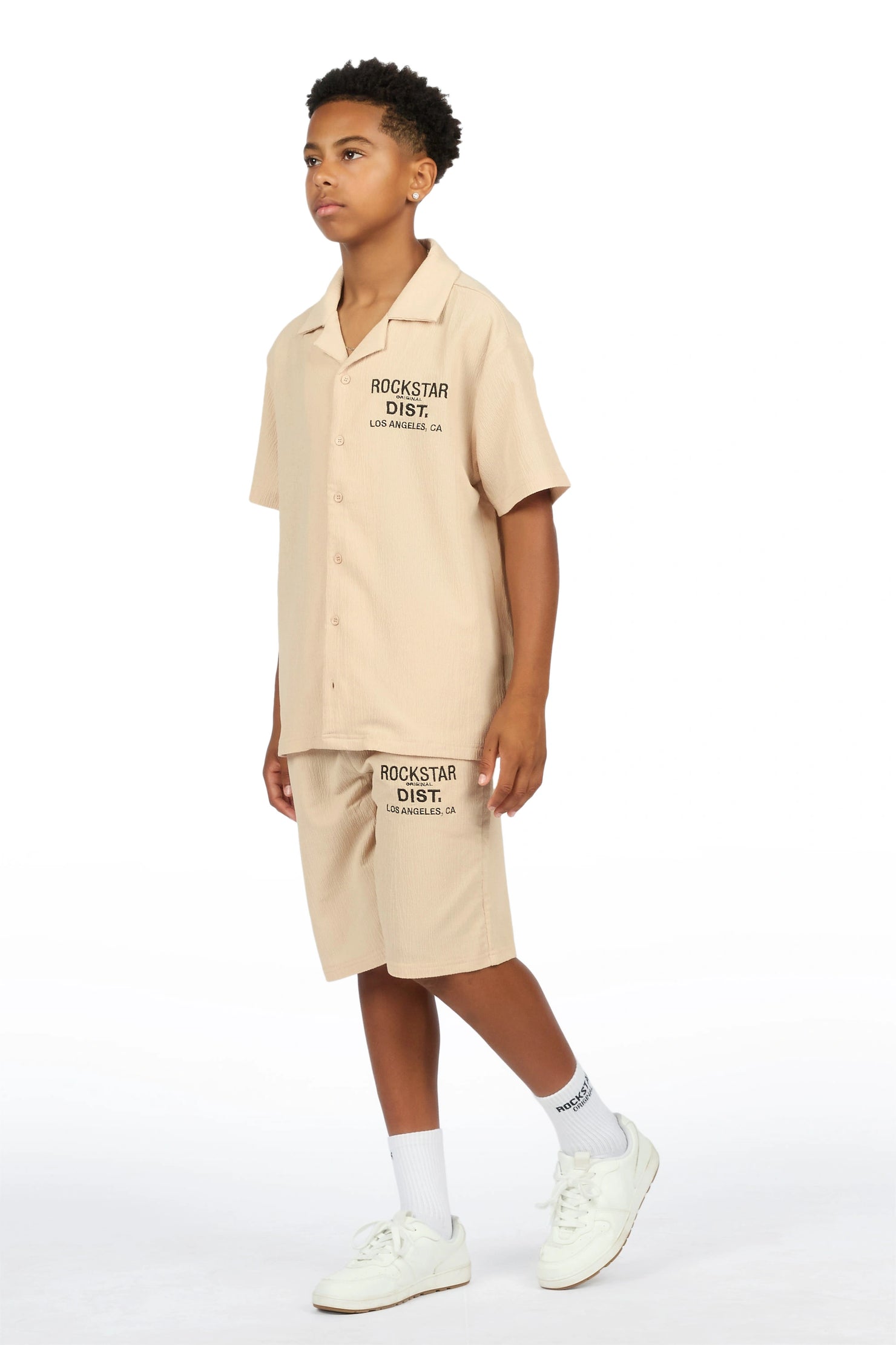 Boys Kason Beige Button Down Shirt/Short Set