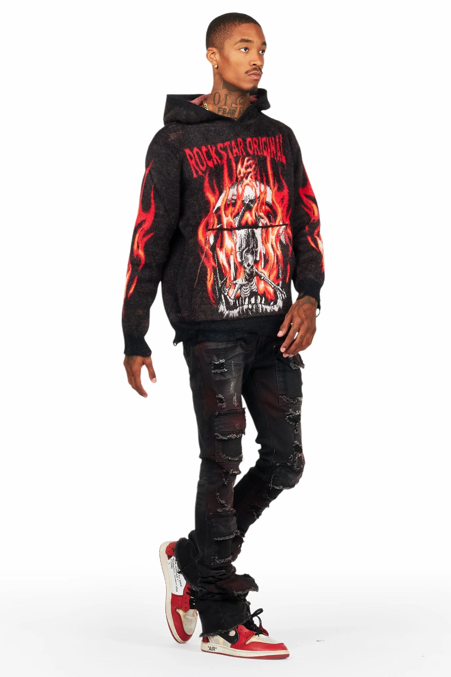 Fuka Black Knit Hoodie/Super Stacked Flare Jean Bundle