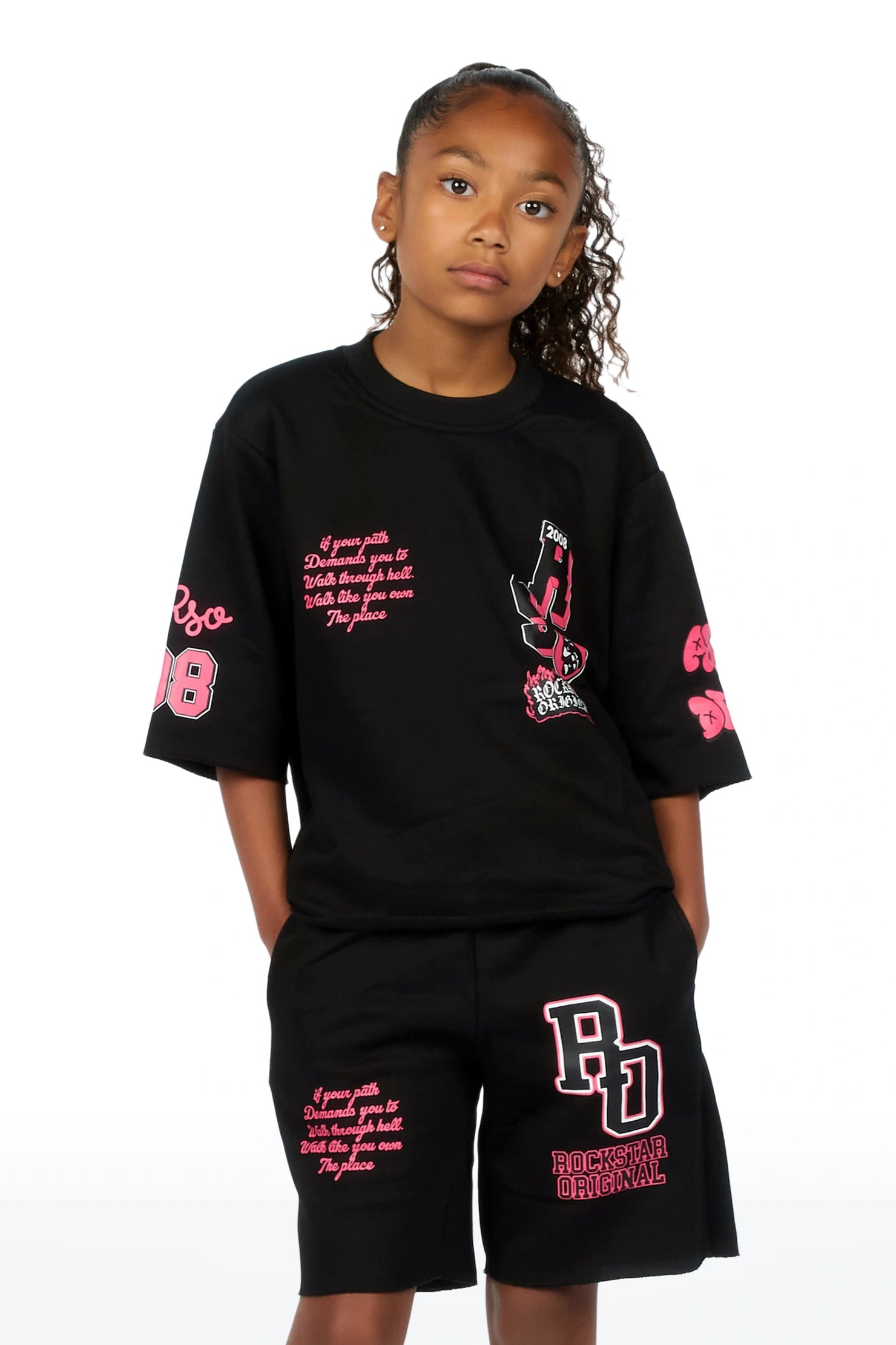 Girls Leslee Black/Pink Boxy T-Shirt Short Set