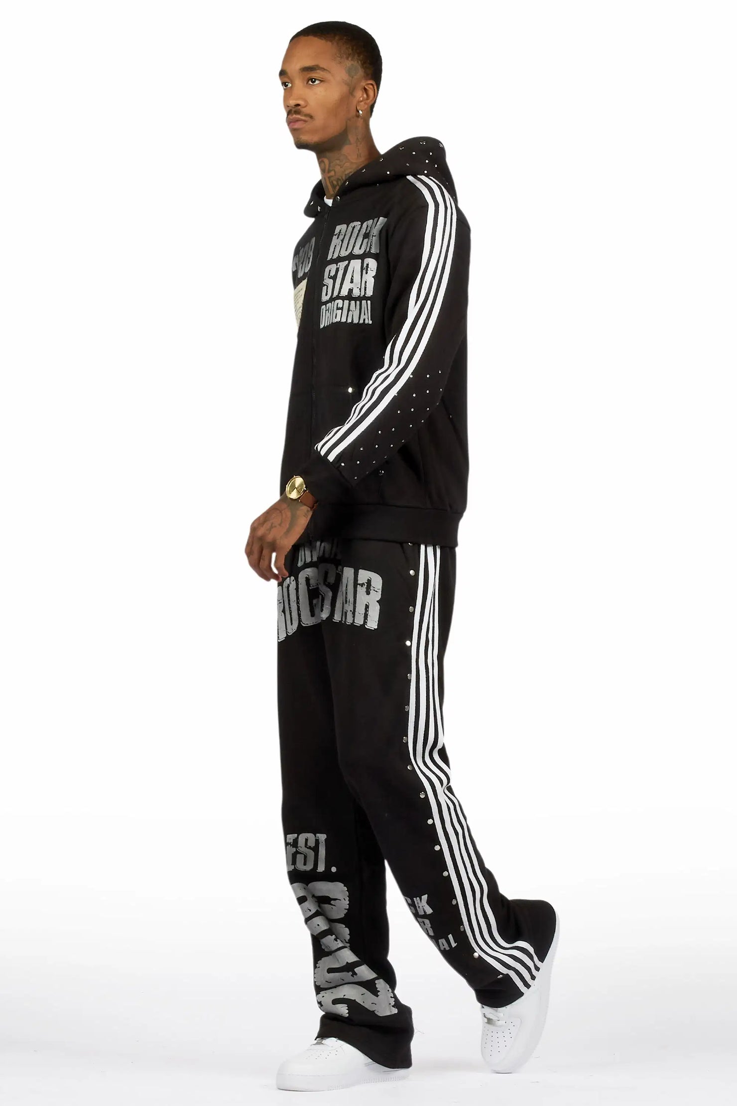 Gusti Black Rhinestone Stacked Flare Hoodie Track Set