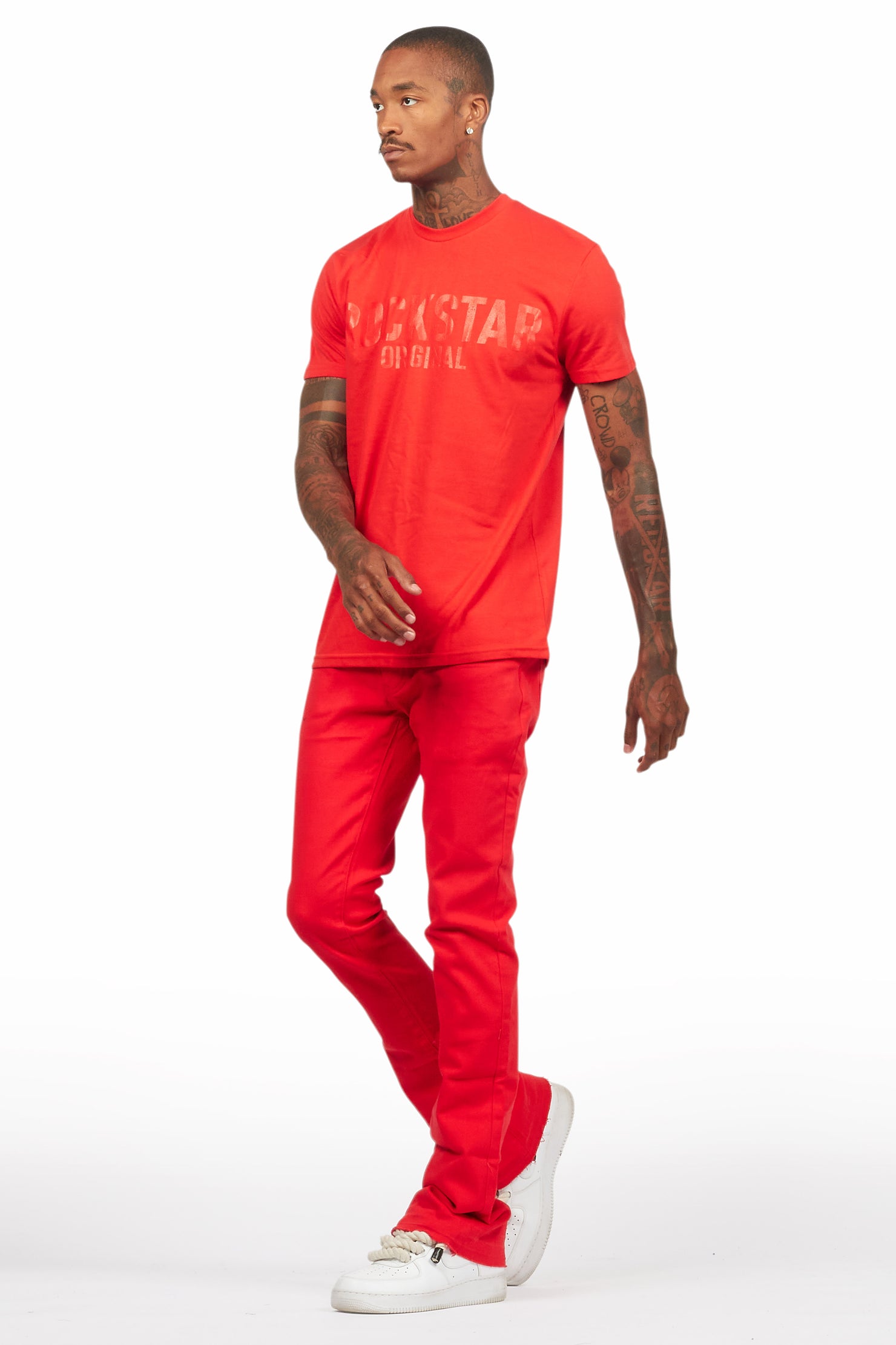 Sana Red T-Shirt/Dag Stacked Flare Jean Set